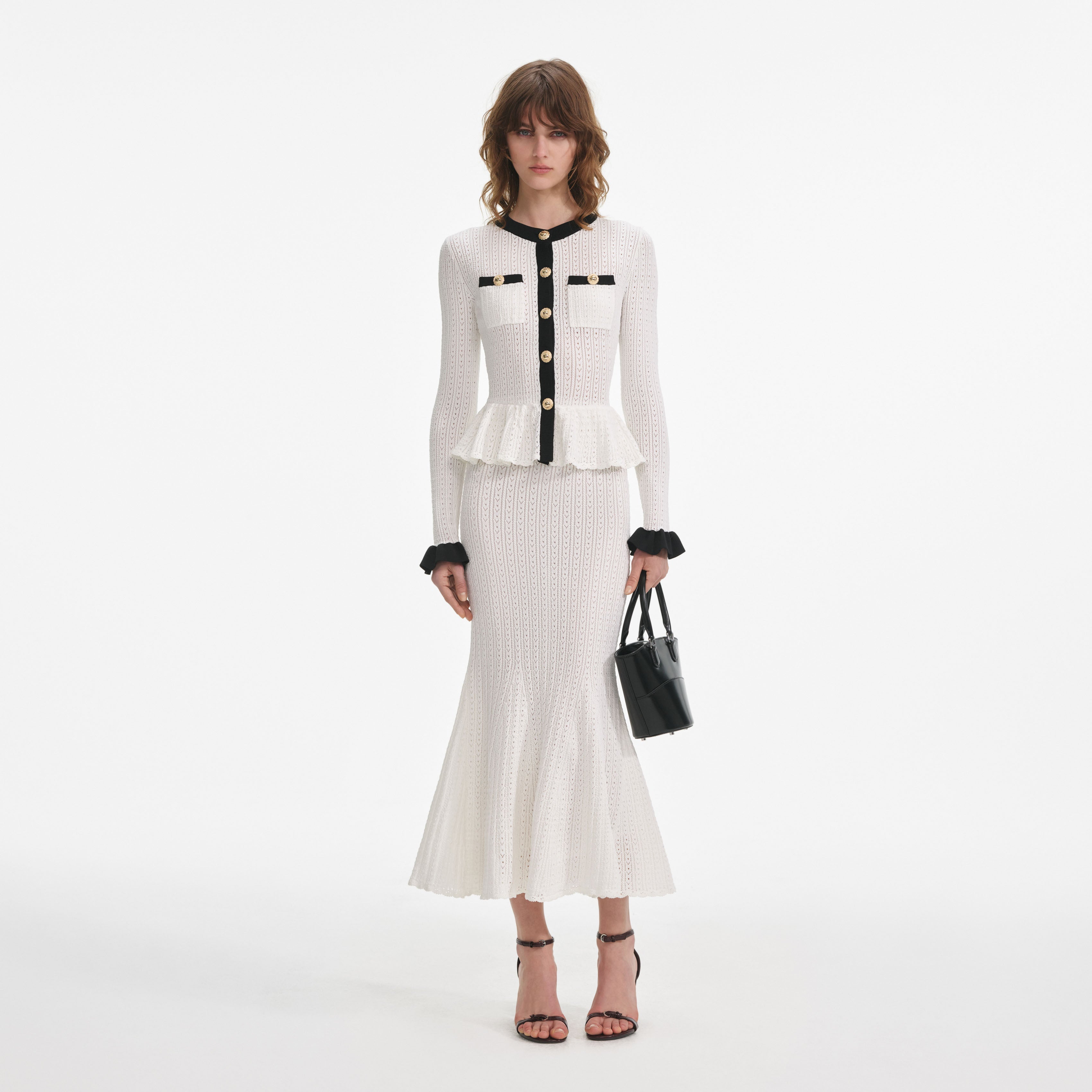 White Pointelle Knit Contrast Midi Dress