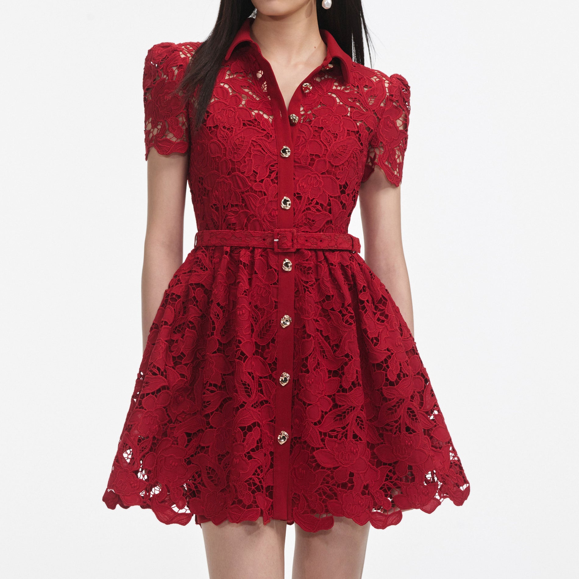 A close up of a woman wearing the Burgundy Lace Collared Mini Dress