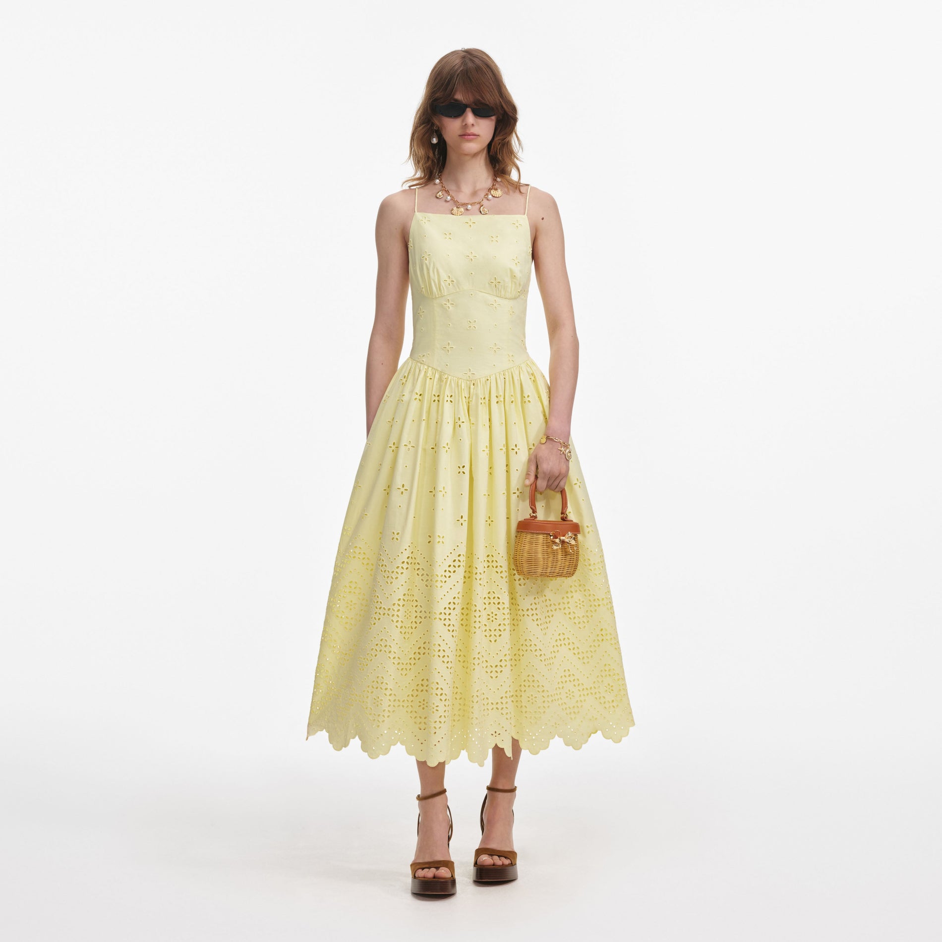 Yellow Cotton Broderie Midi Dress