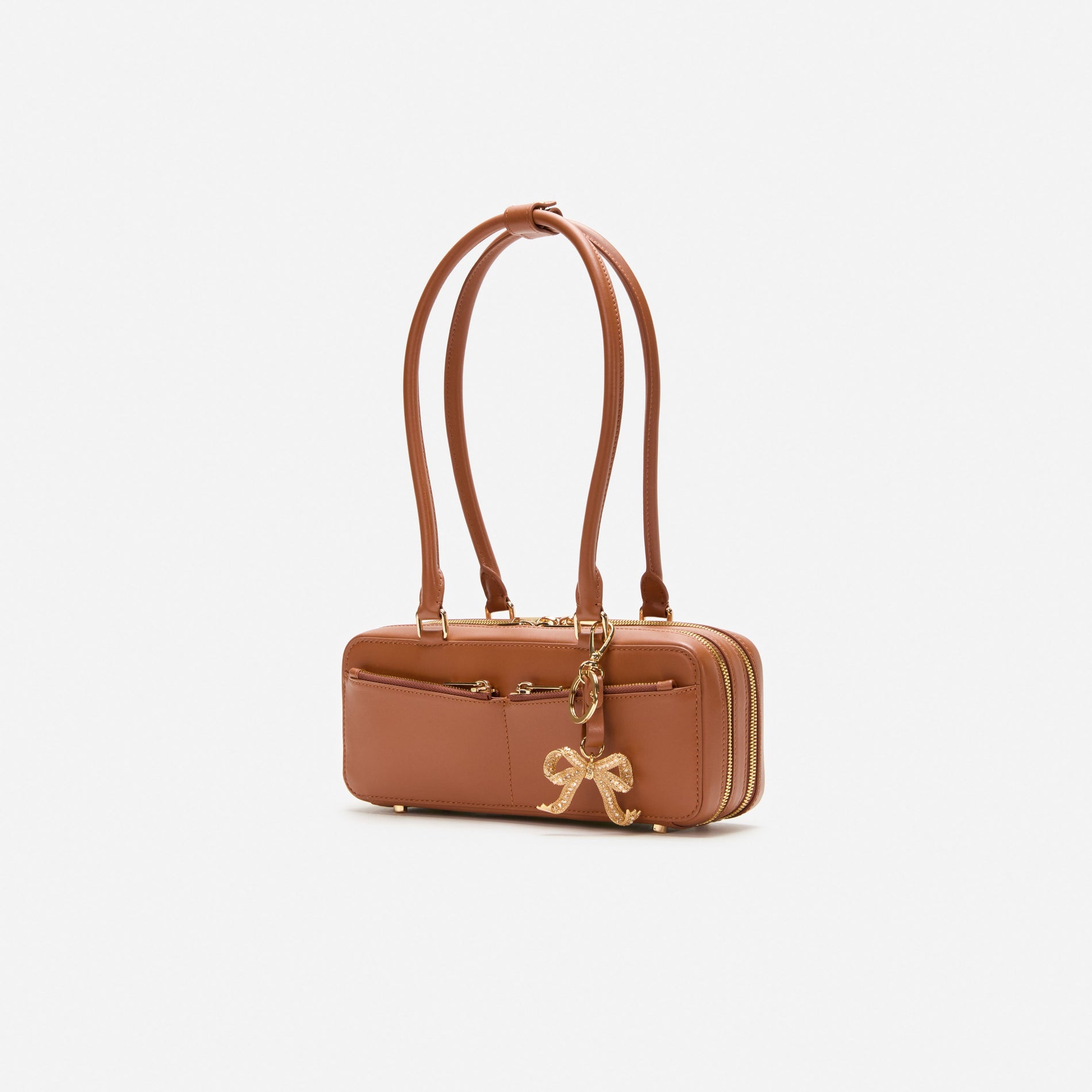 Tan Leather Baguette Shoulder Bag With Charm