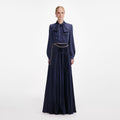 Navy Satin Pussy Bow Maxi Dress