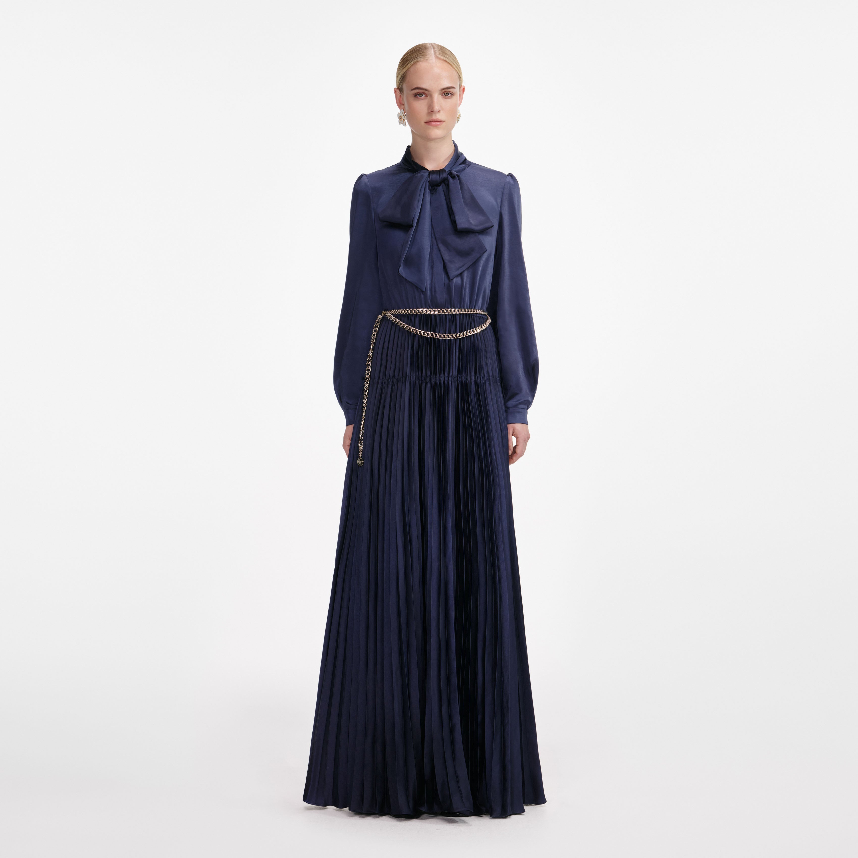 Navy Satin Pussy Bow Maxi Dress