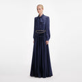 Navy Satin Pussy Bow Maxi Dress