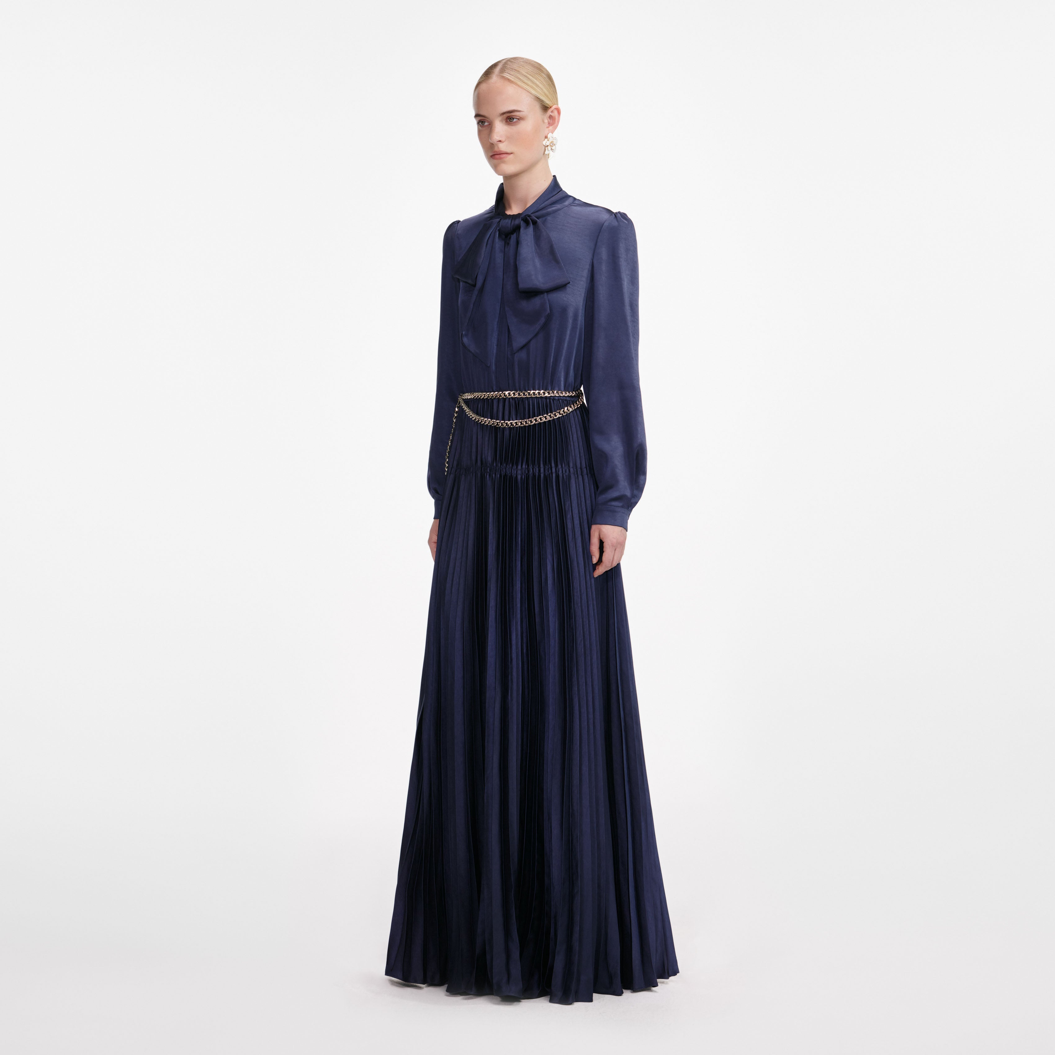 Navy Satin Pussy Bow Maxi Dress