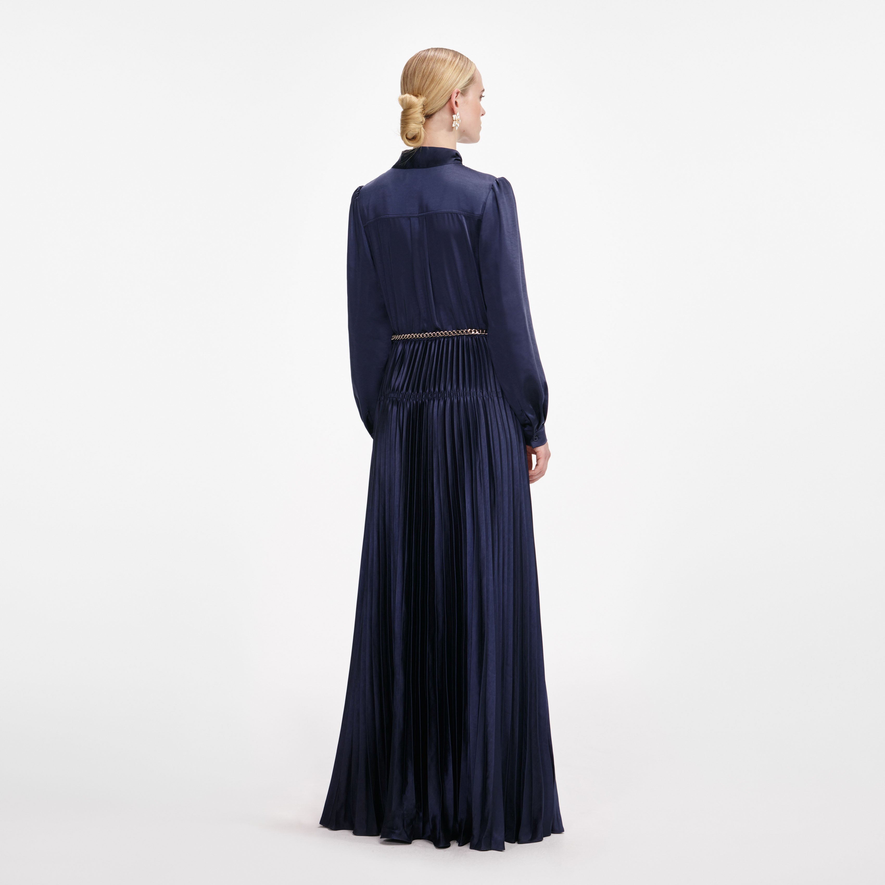 Navy Satin Pussy Bow Maxi Dress