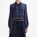 Navy Satin Pussy Bow Maxi Dress