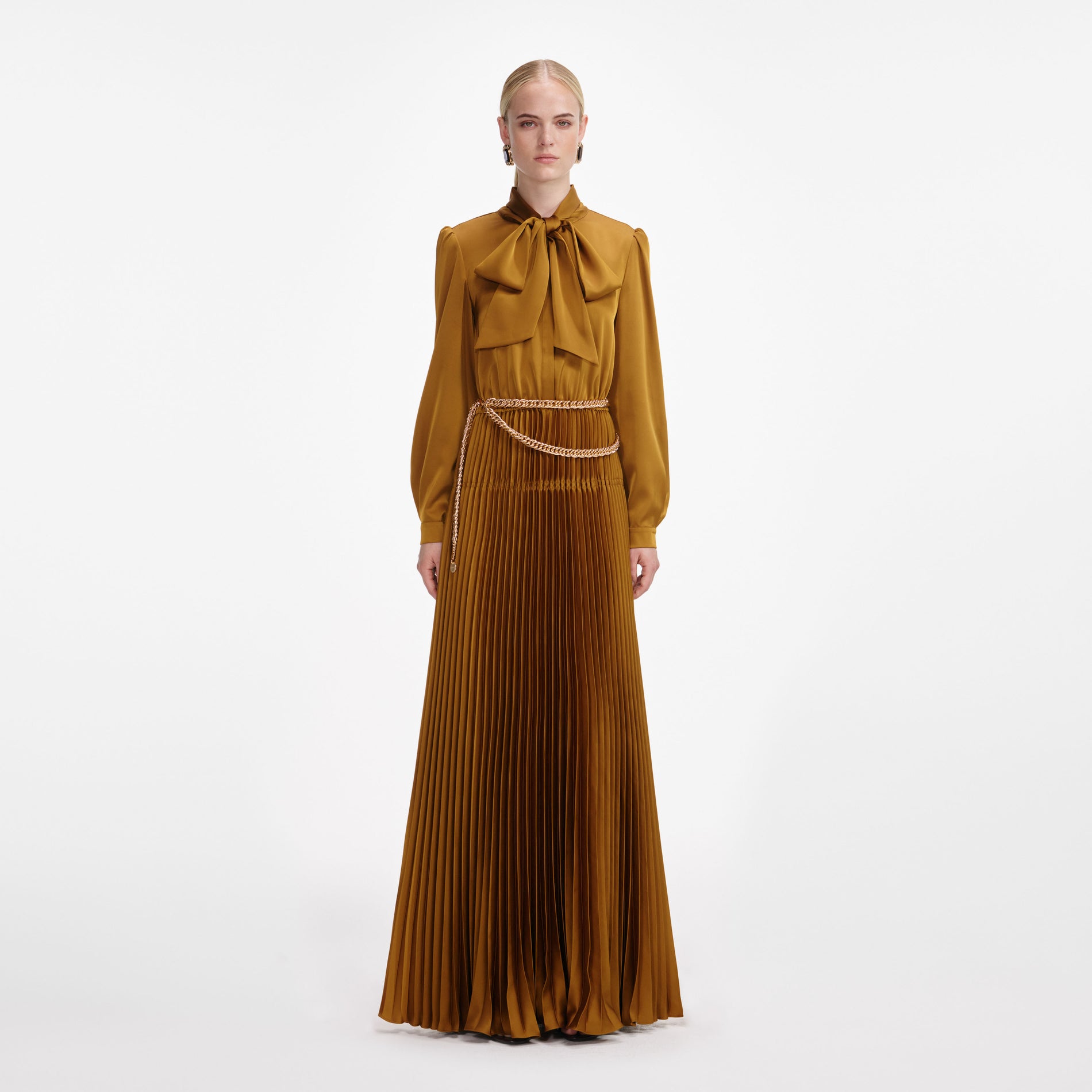 Bronze Satin Pussy Bow Maxi Dress