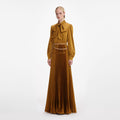 Bronze Satin Pussy Bow Maxi Dress