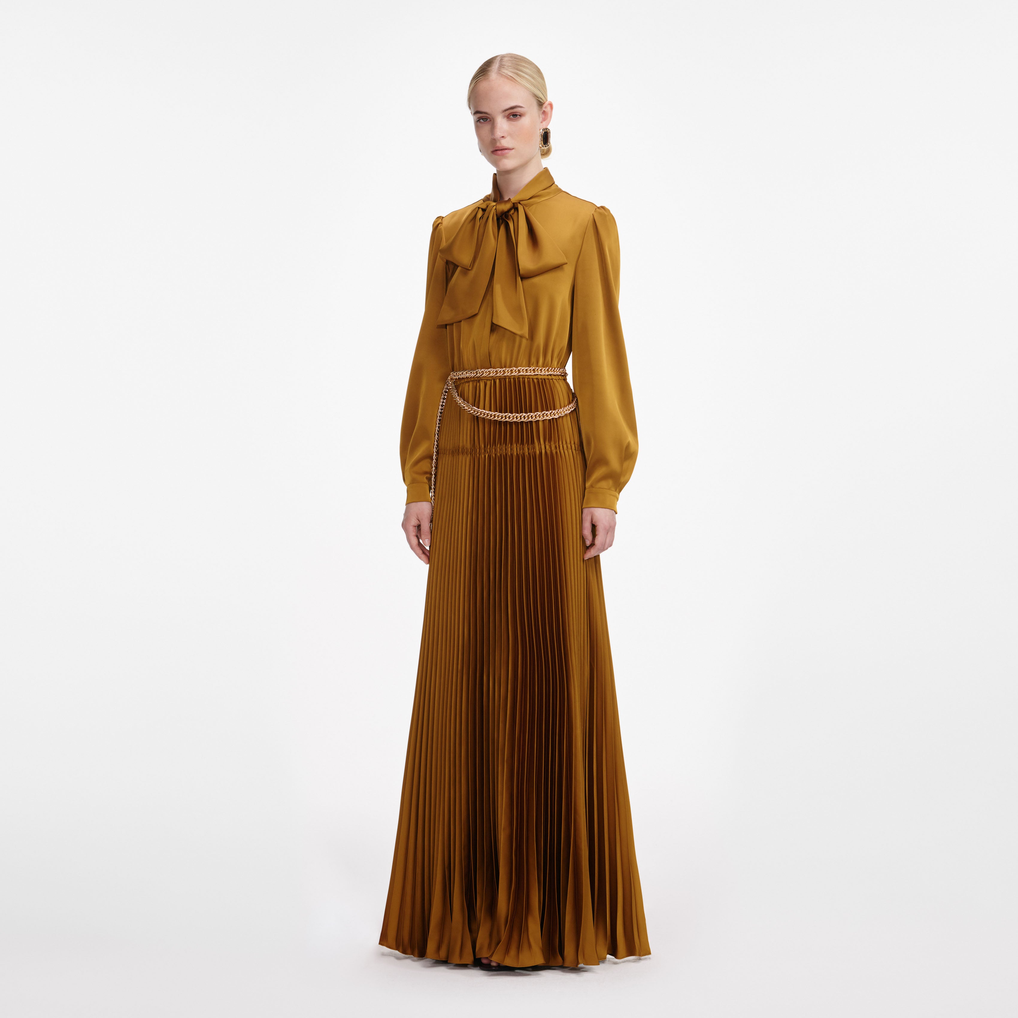 Bronze Satin Pussy Bow Maxi Dress