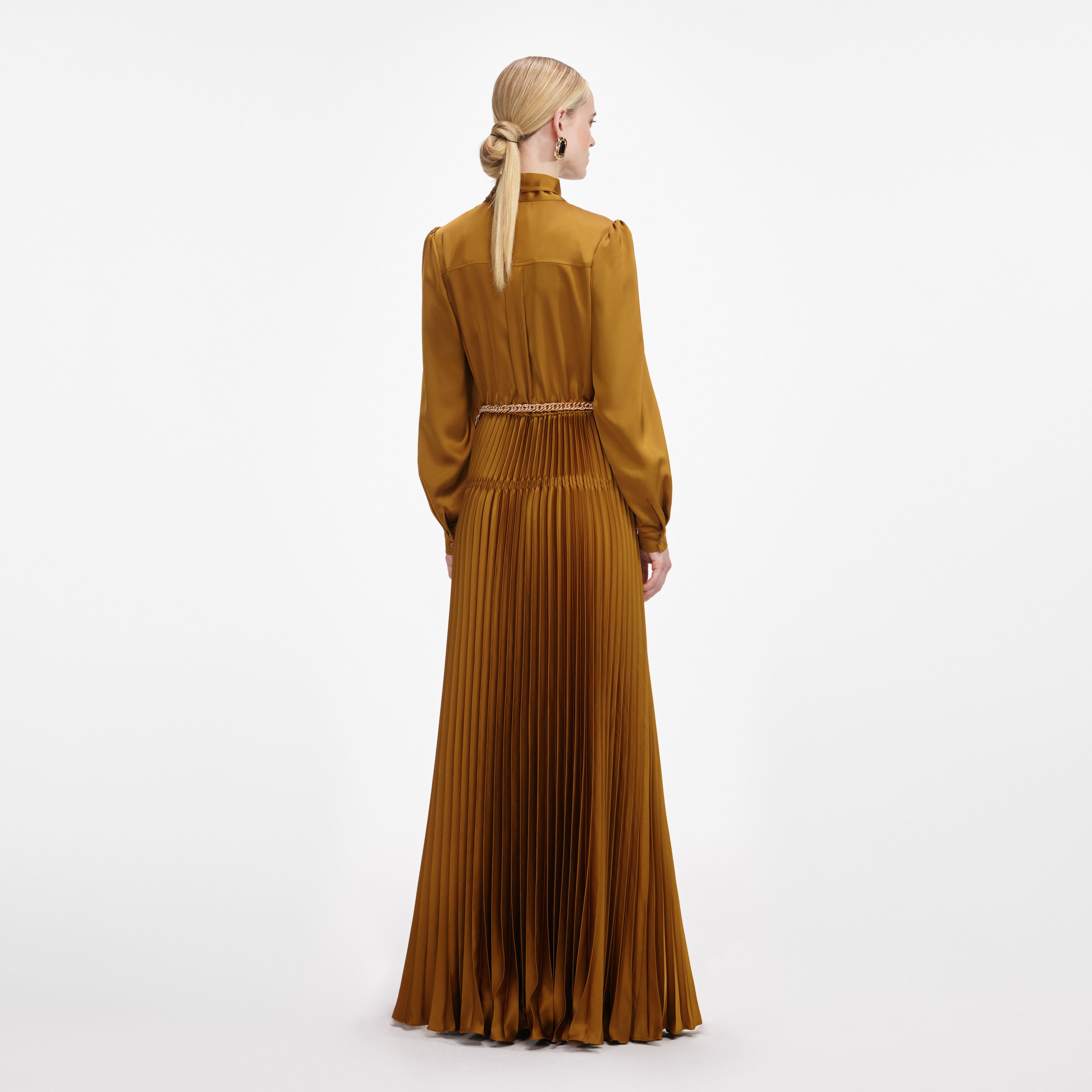 Bronze Satin Pussy Bow Maxi Dress