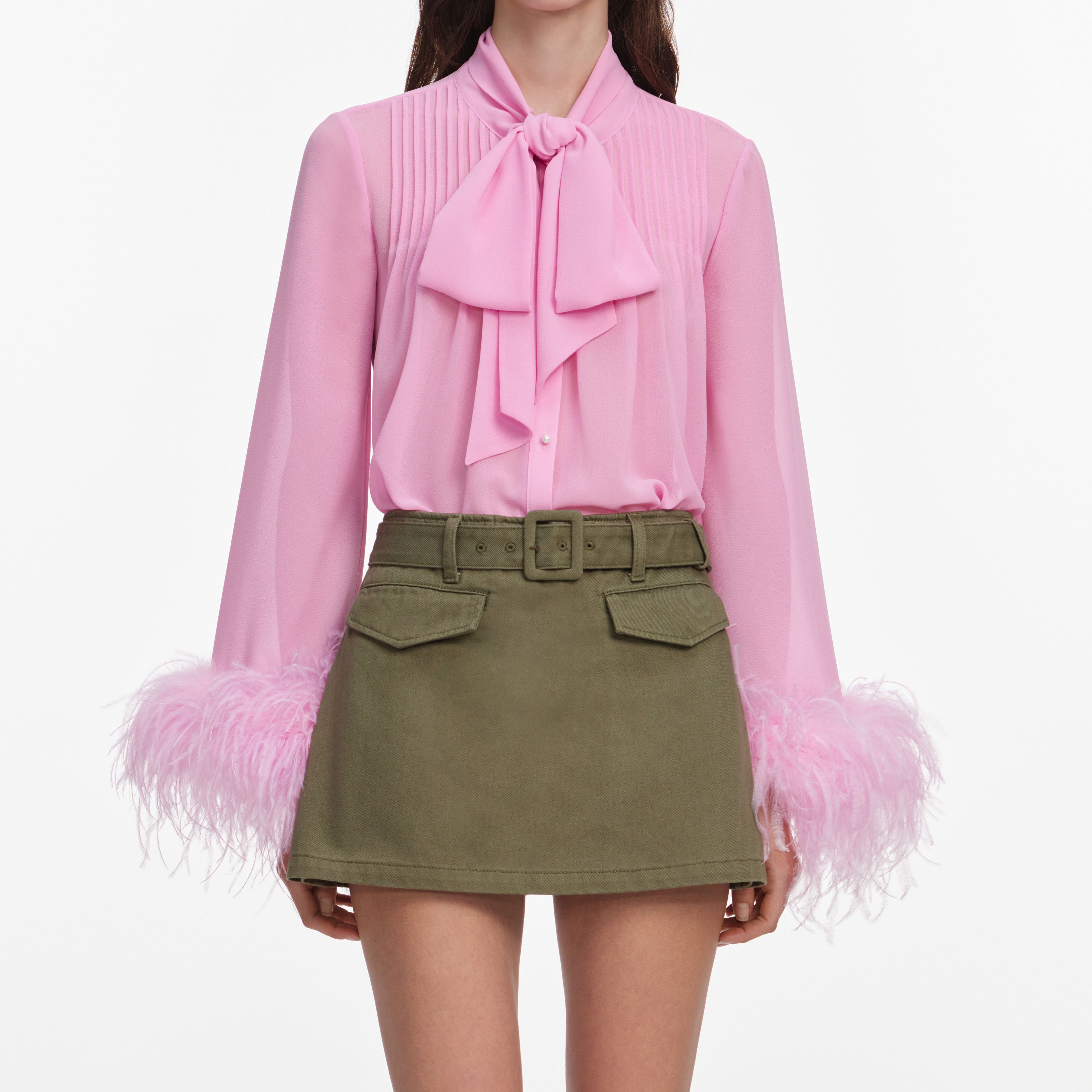 Pink Georgette Feather Cuff Blouse
