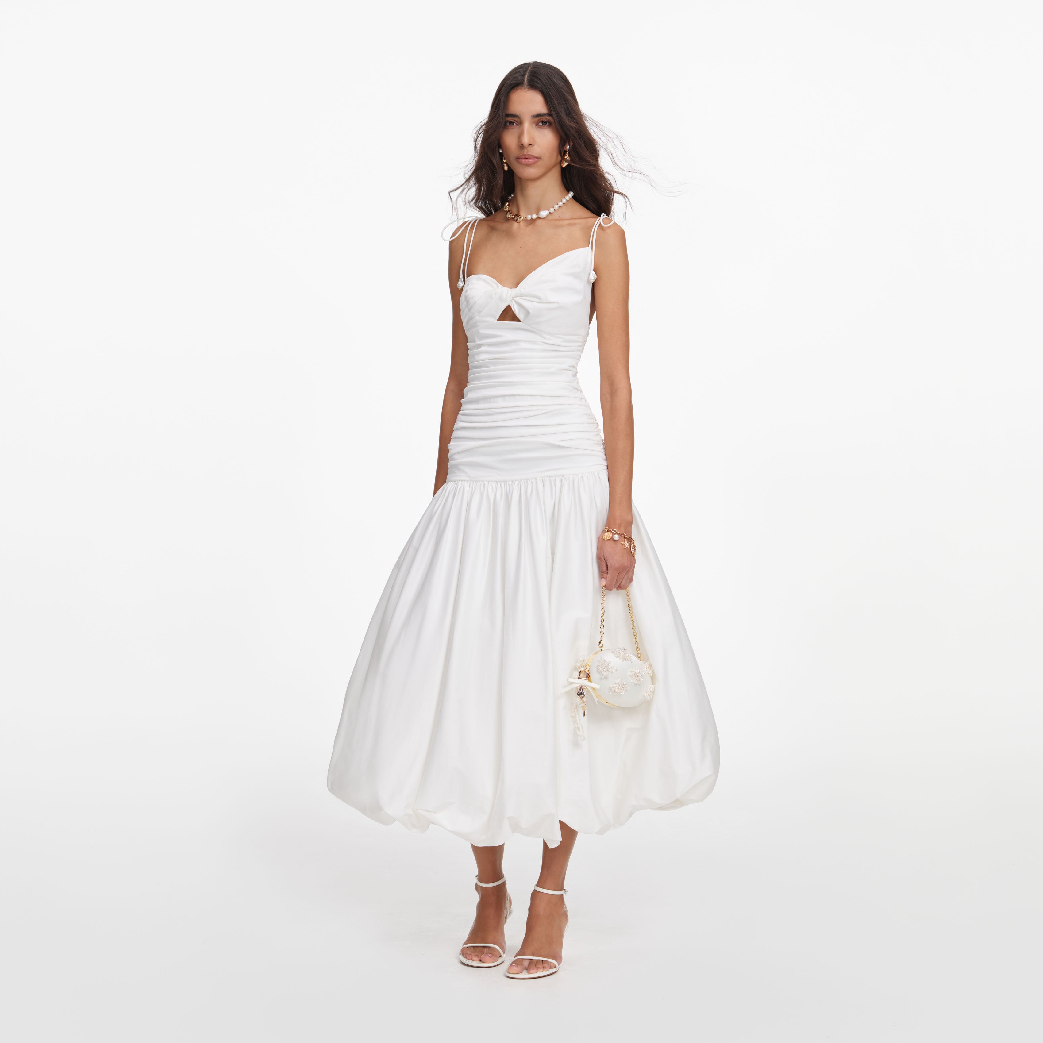 White Cotton Gathered Midi Dress