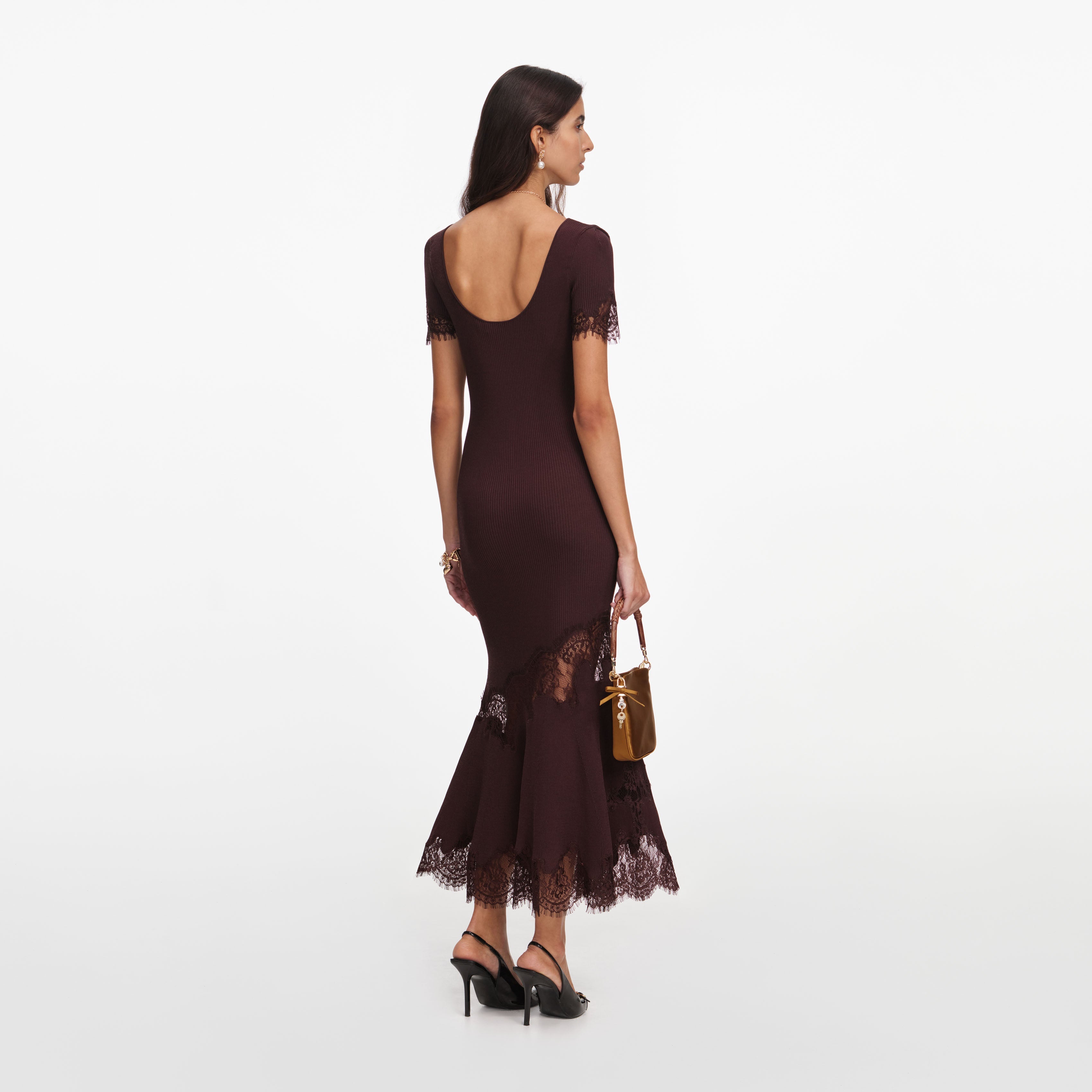 Brown Ribbed Knit Midi Dress