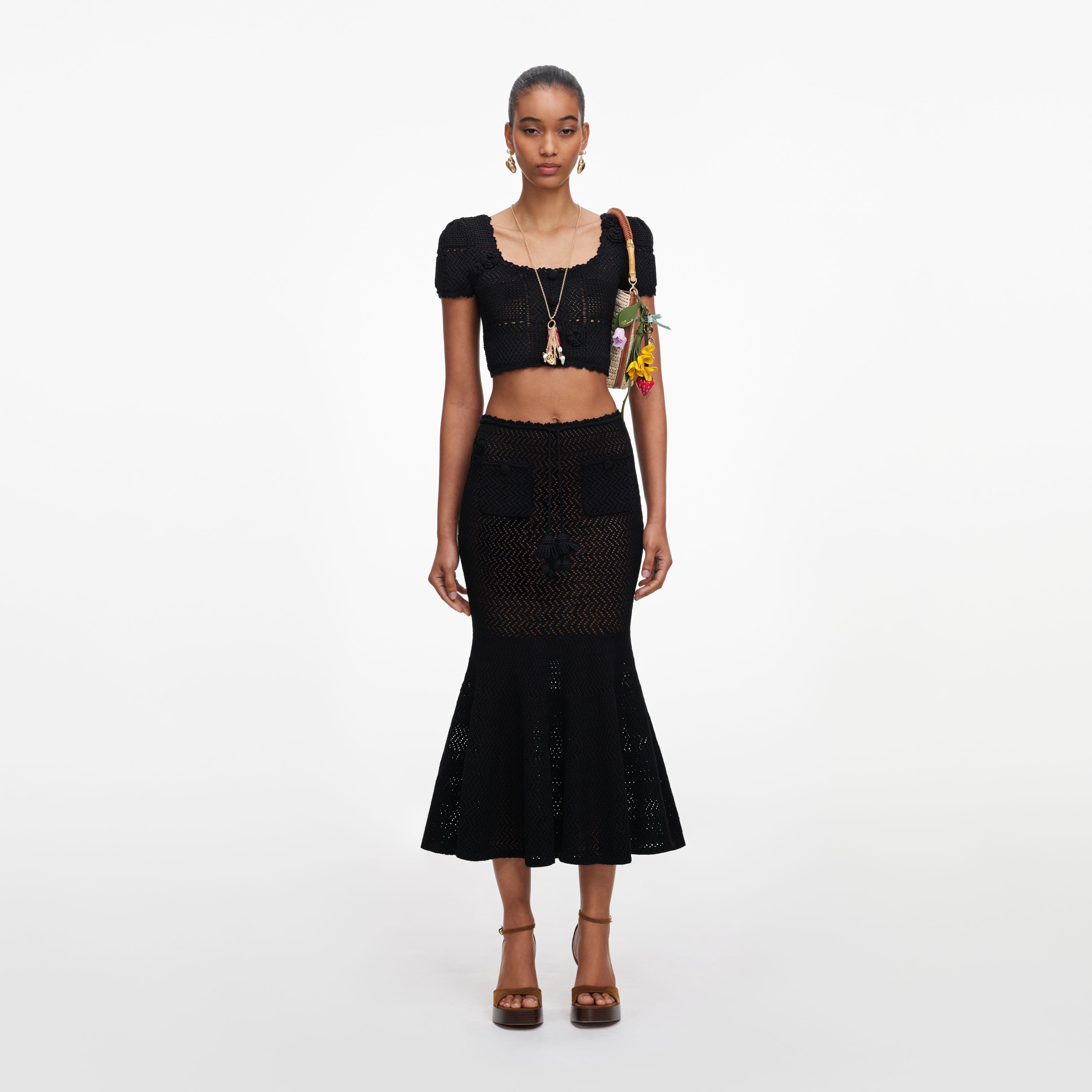 Black Crochet Knit Midi Skirt