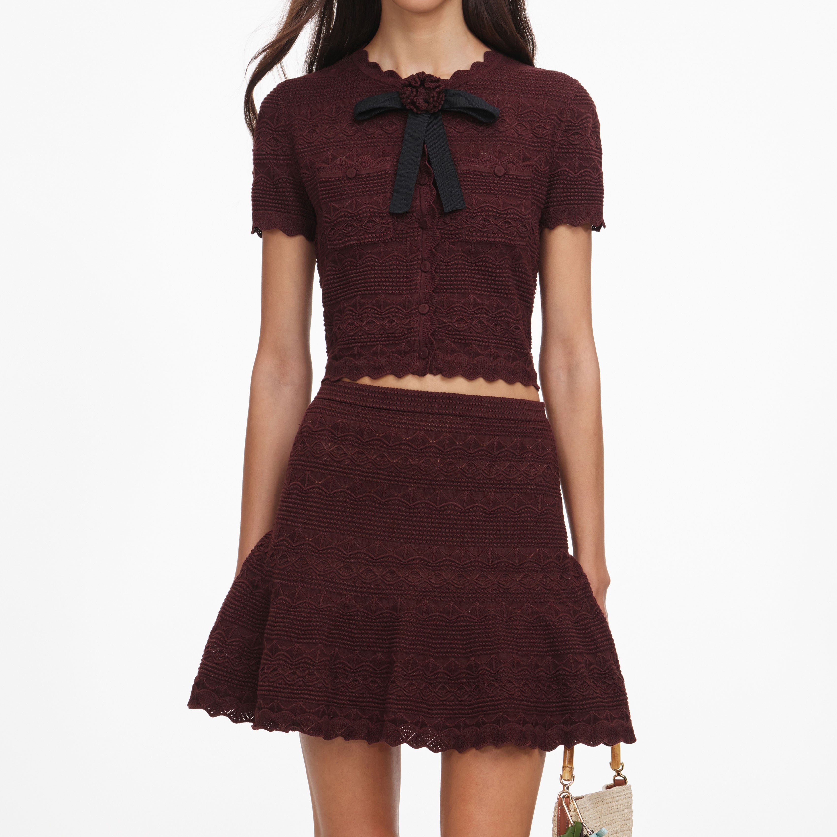 Brown Pointelle Knit Mini Skirt