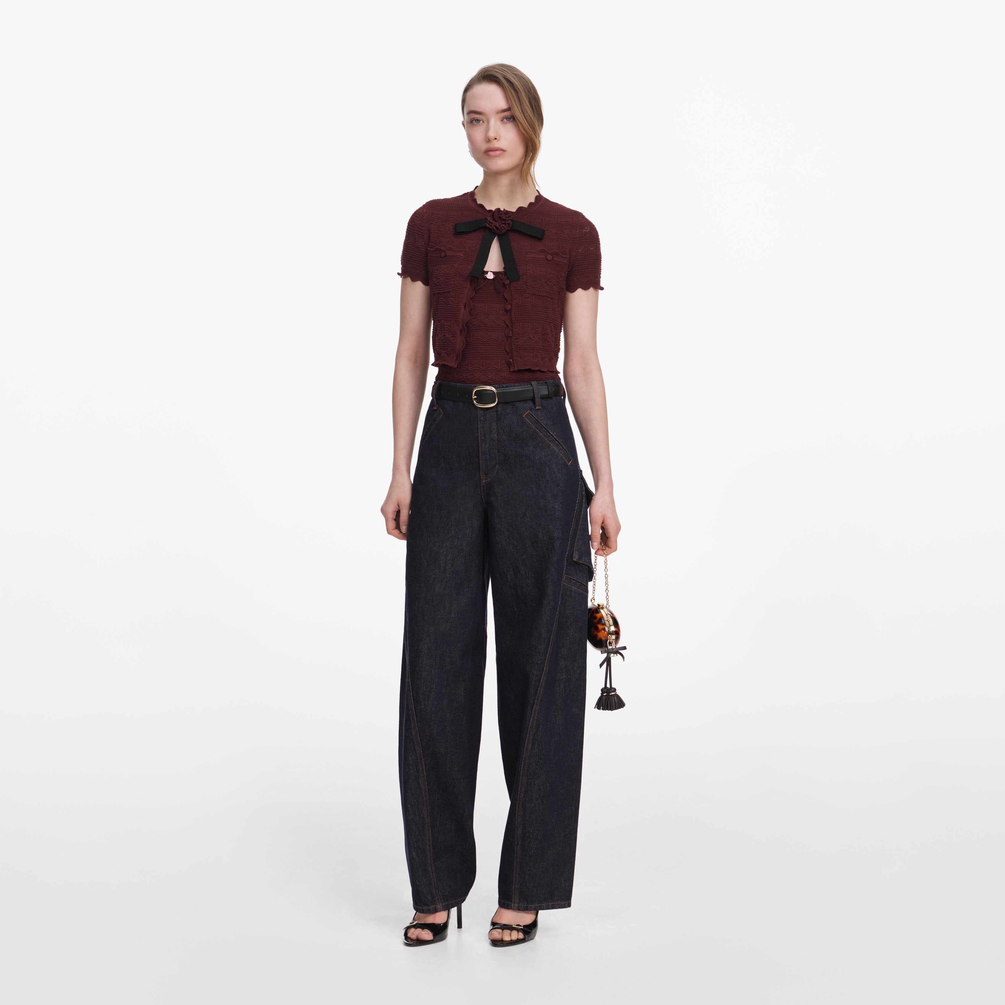 Brown Pointelle Knit Top