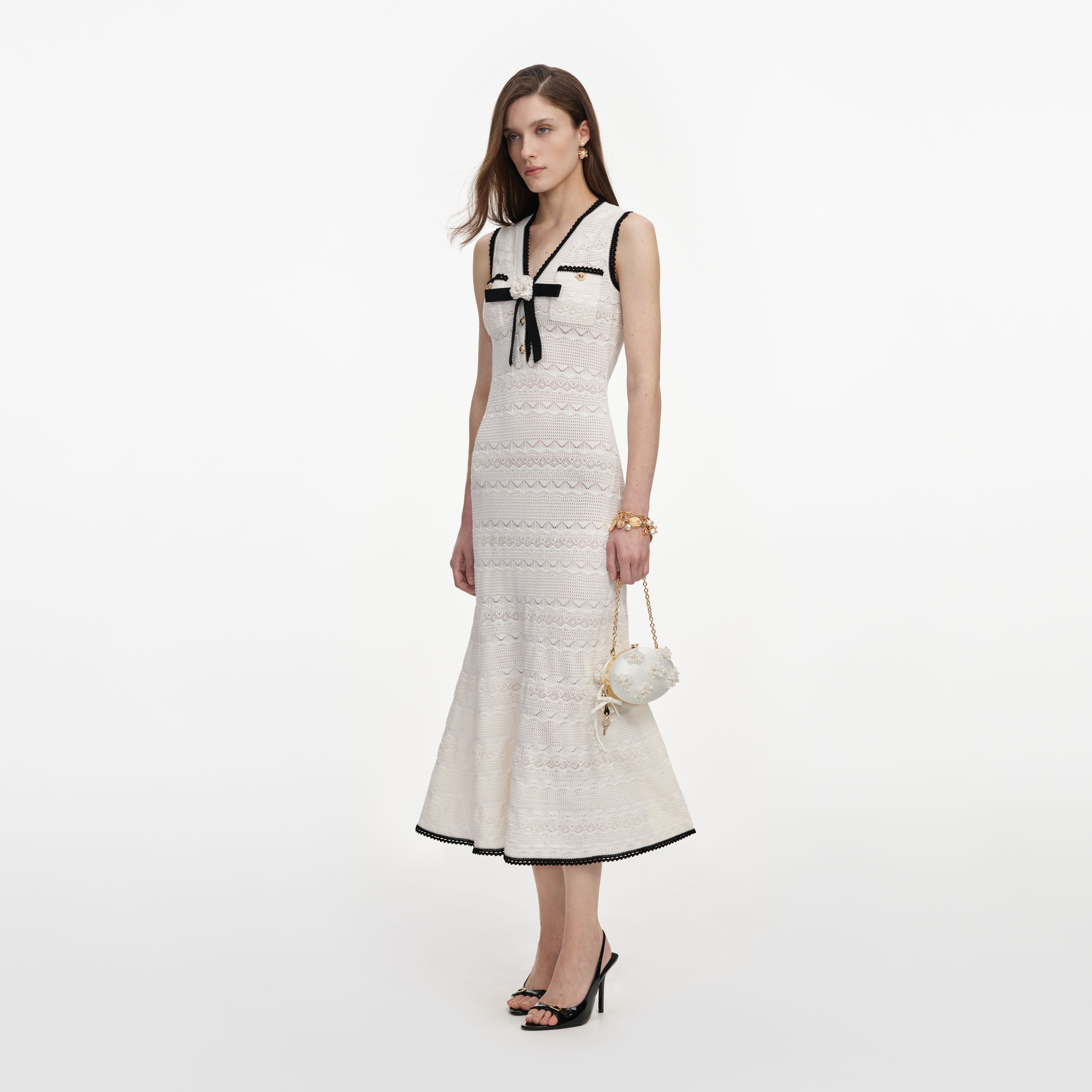 White Pointelle Knit Bow Midi Dress