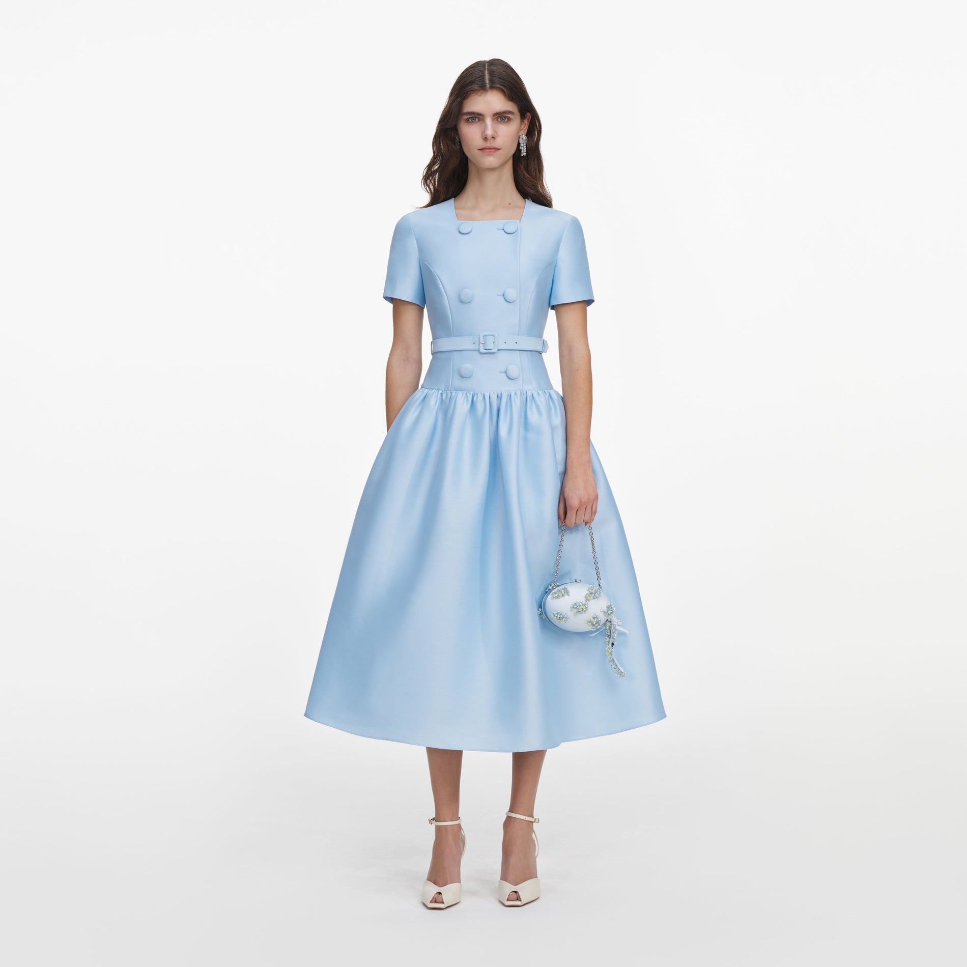 Front view of a woman wearing the Blue Button Front Taffeta Midi Dress