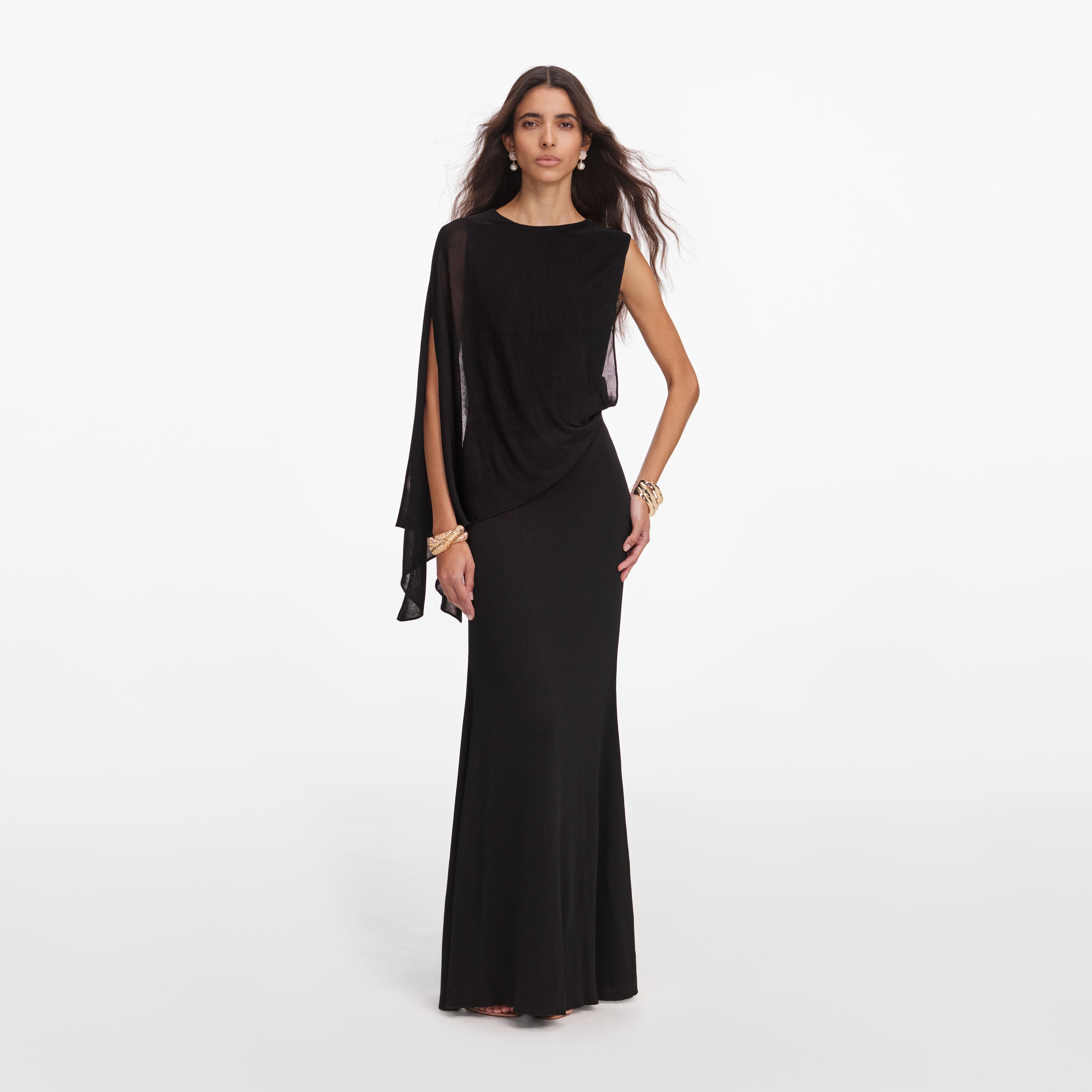 Black Viscose Knit One Shoulder Maxi Dress