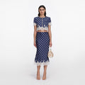 Navy Polka Dot Satin Midi Skirt