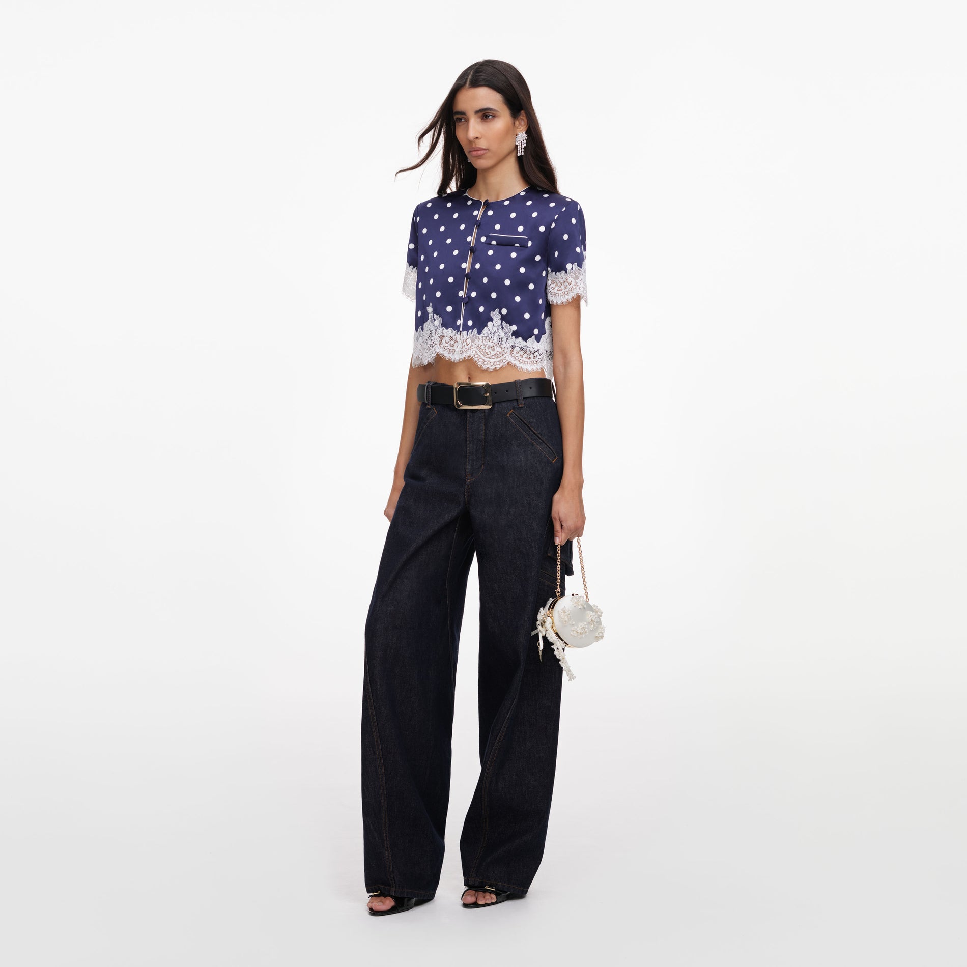 Navy Polka Dot Satin Top