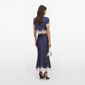 Navy Polka Dot Satin Midi Skirt