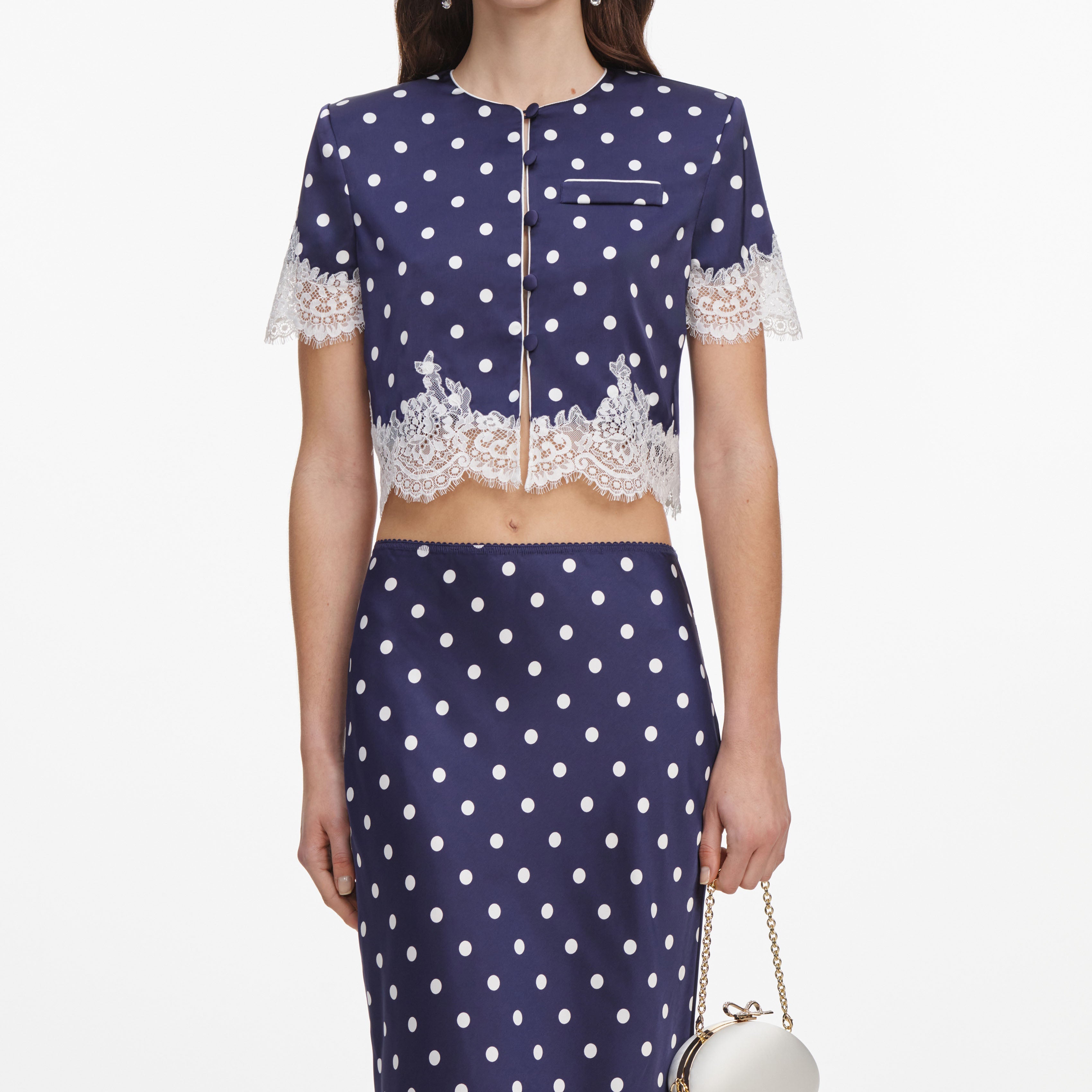 Navy Polka Dot Satin Midi Skirt