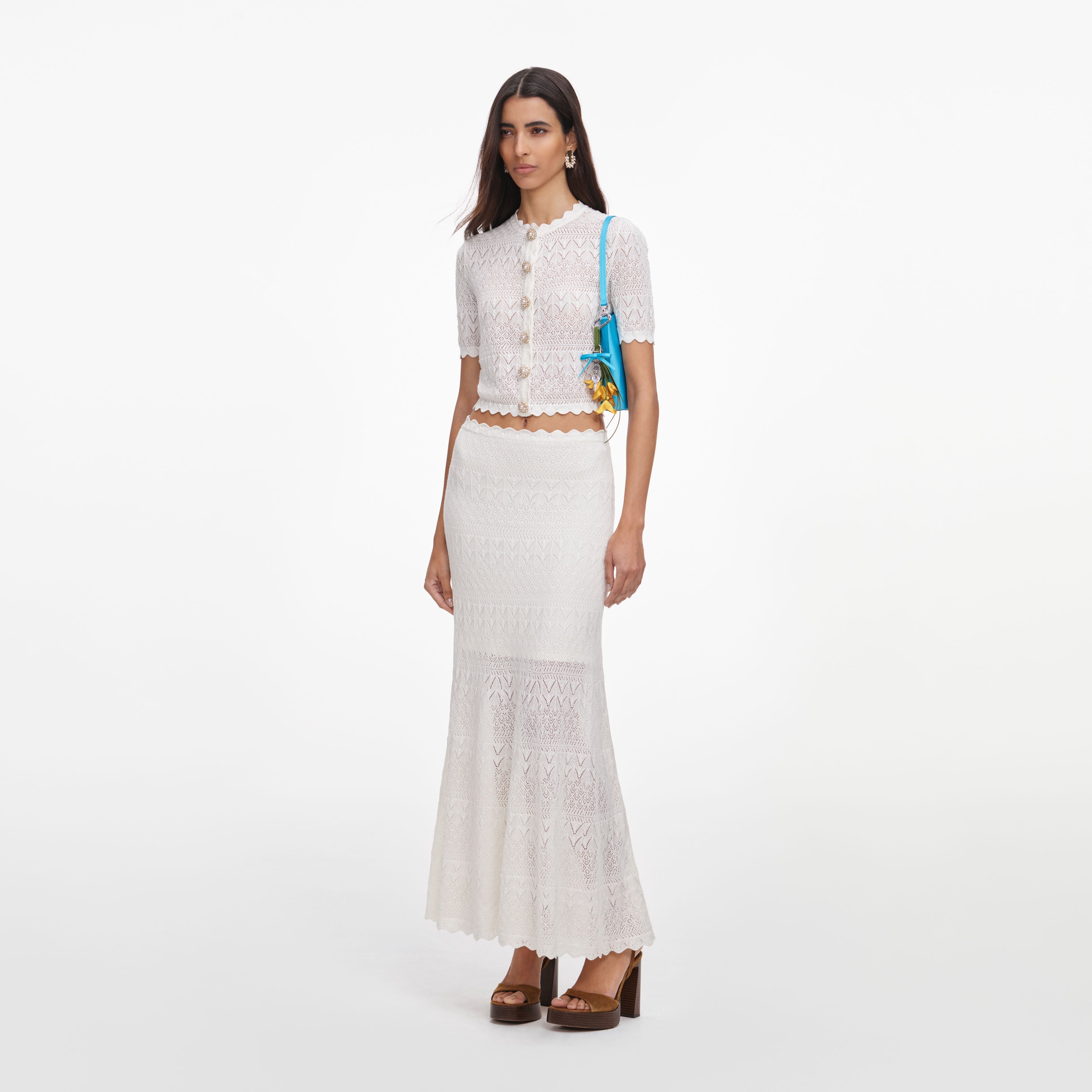 White Pointelle Knit Midi Skirt