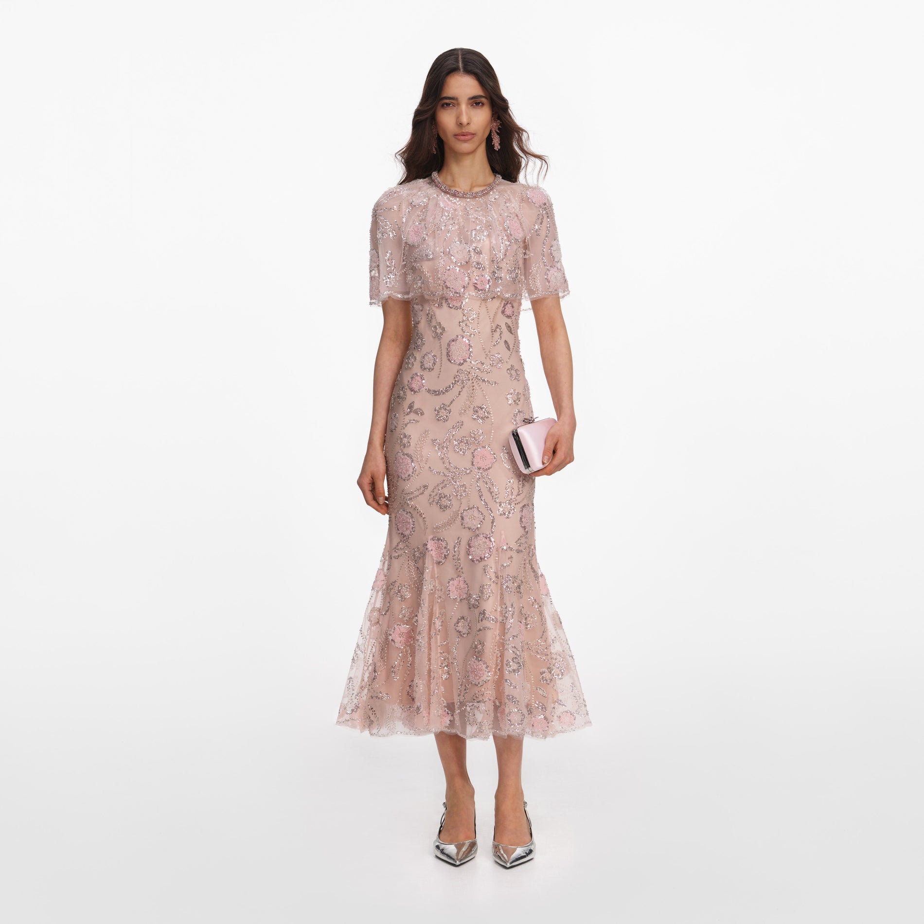 Pink Embellished Cape Midi Dress