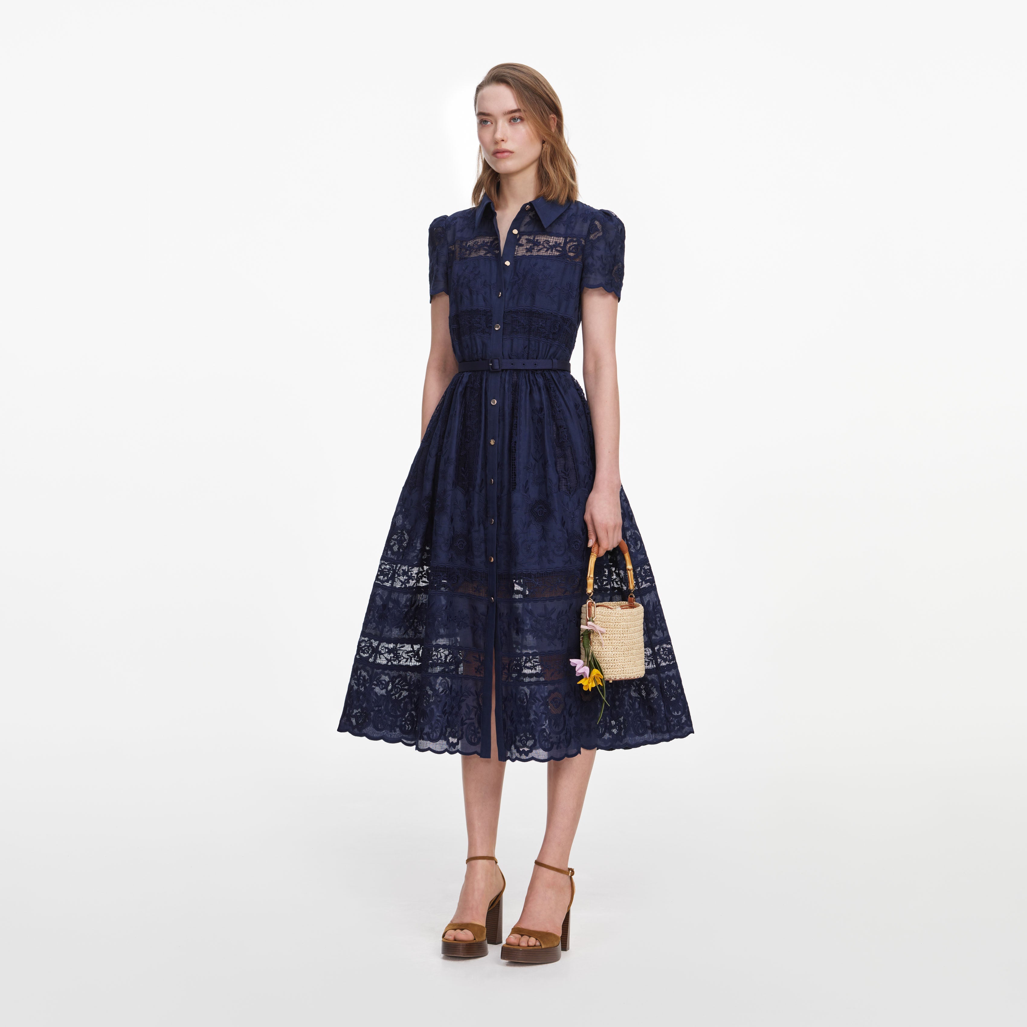 Navy Ramie Collared Midi Dress