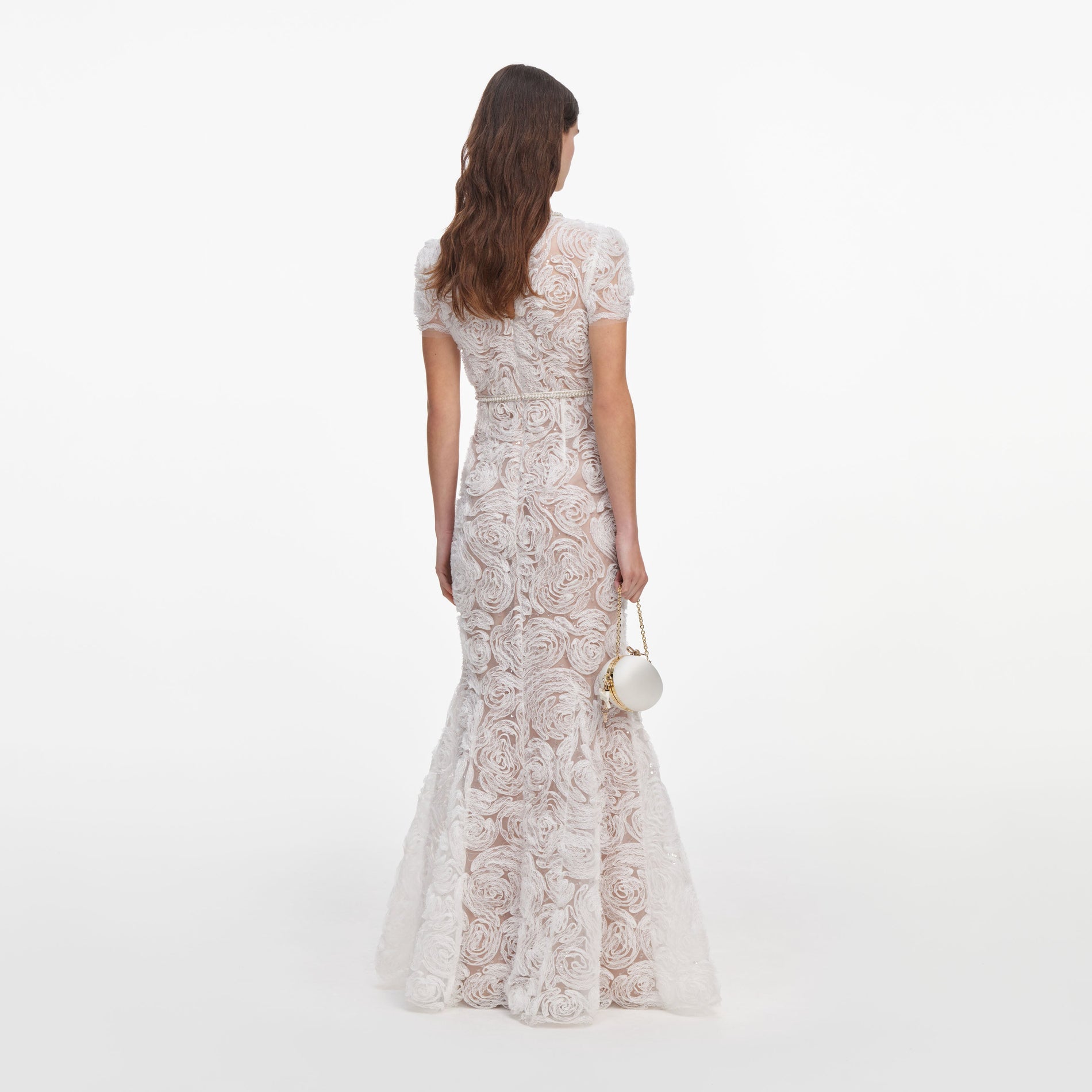 Back view of a woman wearing the White Tulle Lace Maxi Dress