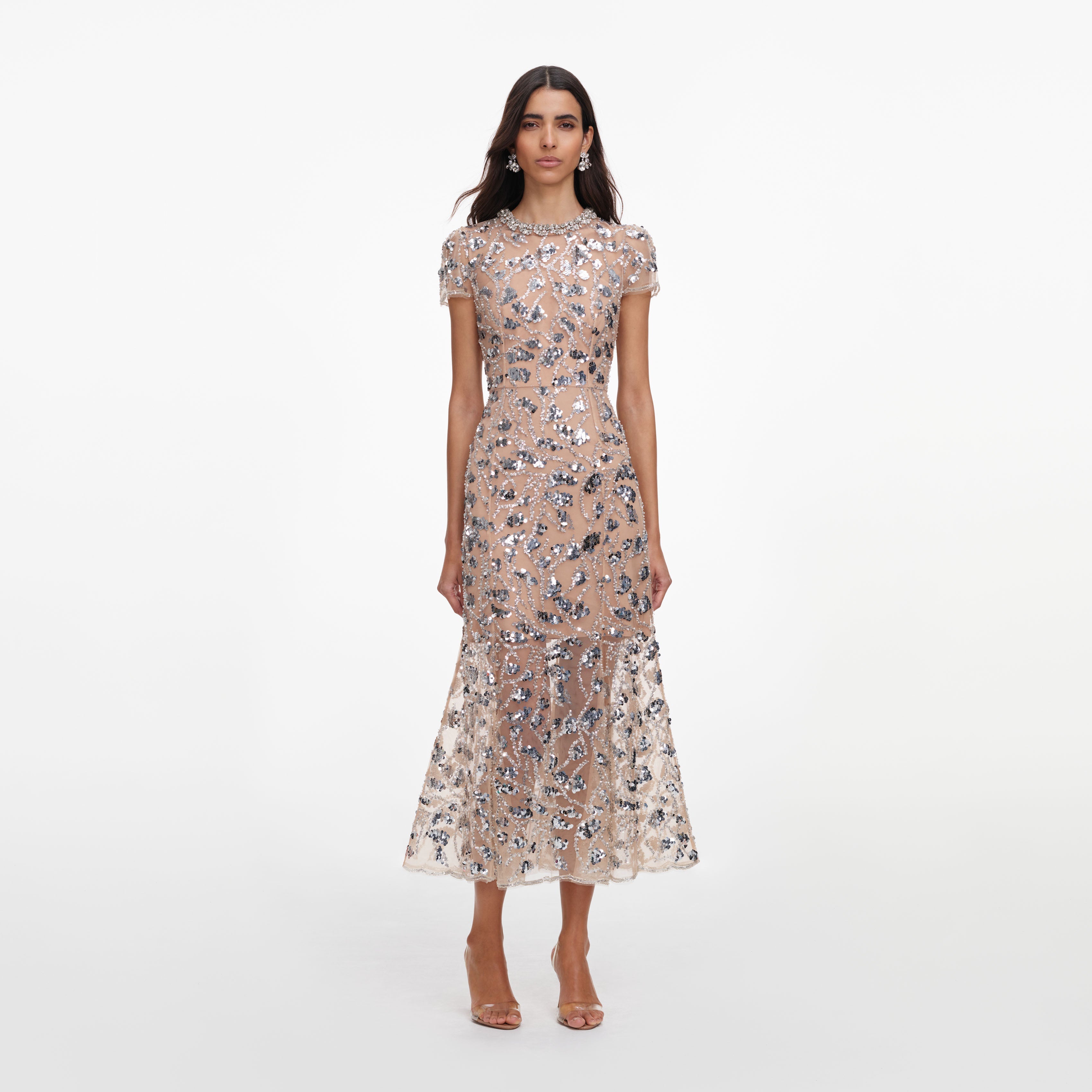 Silver Sequin Embellished Midi Dress