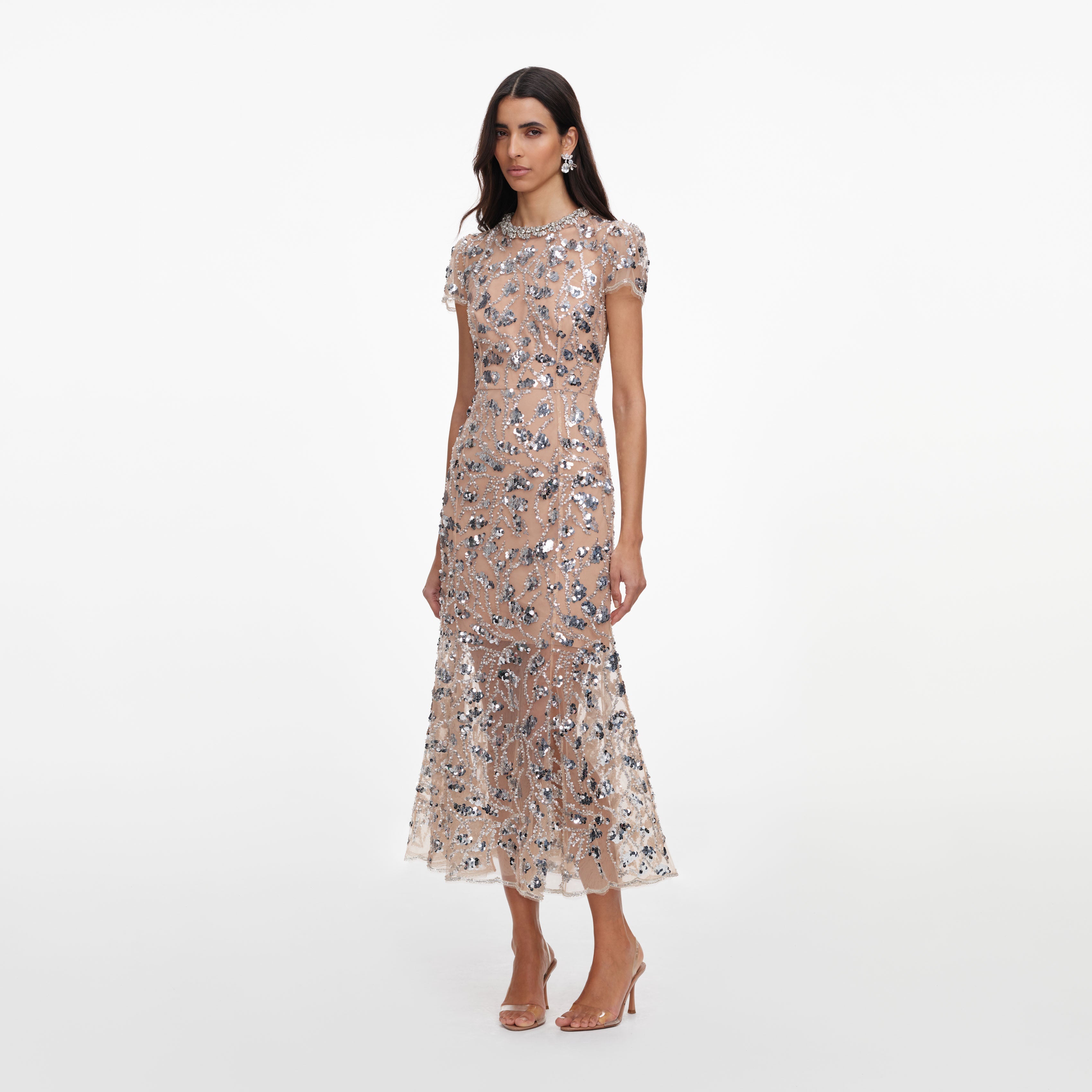 Silver Sequin Embellished Midi Dress