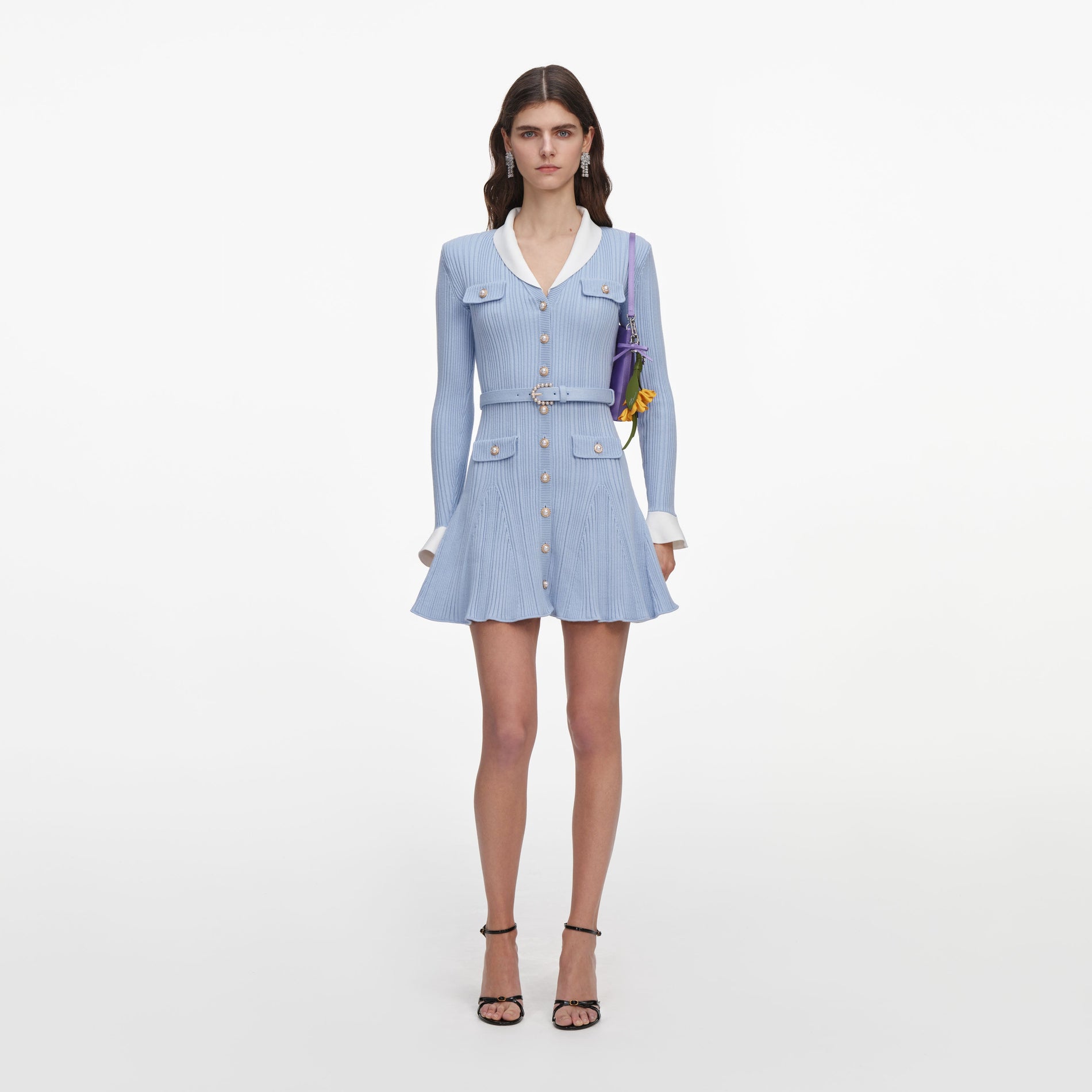 Front view of a woman wearing the Blue Ribbed Knit Mini Dress