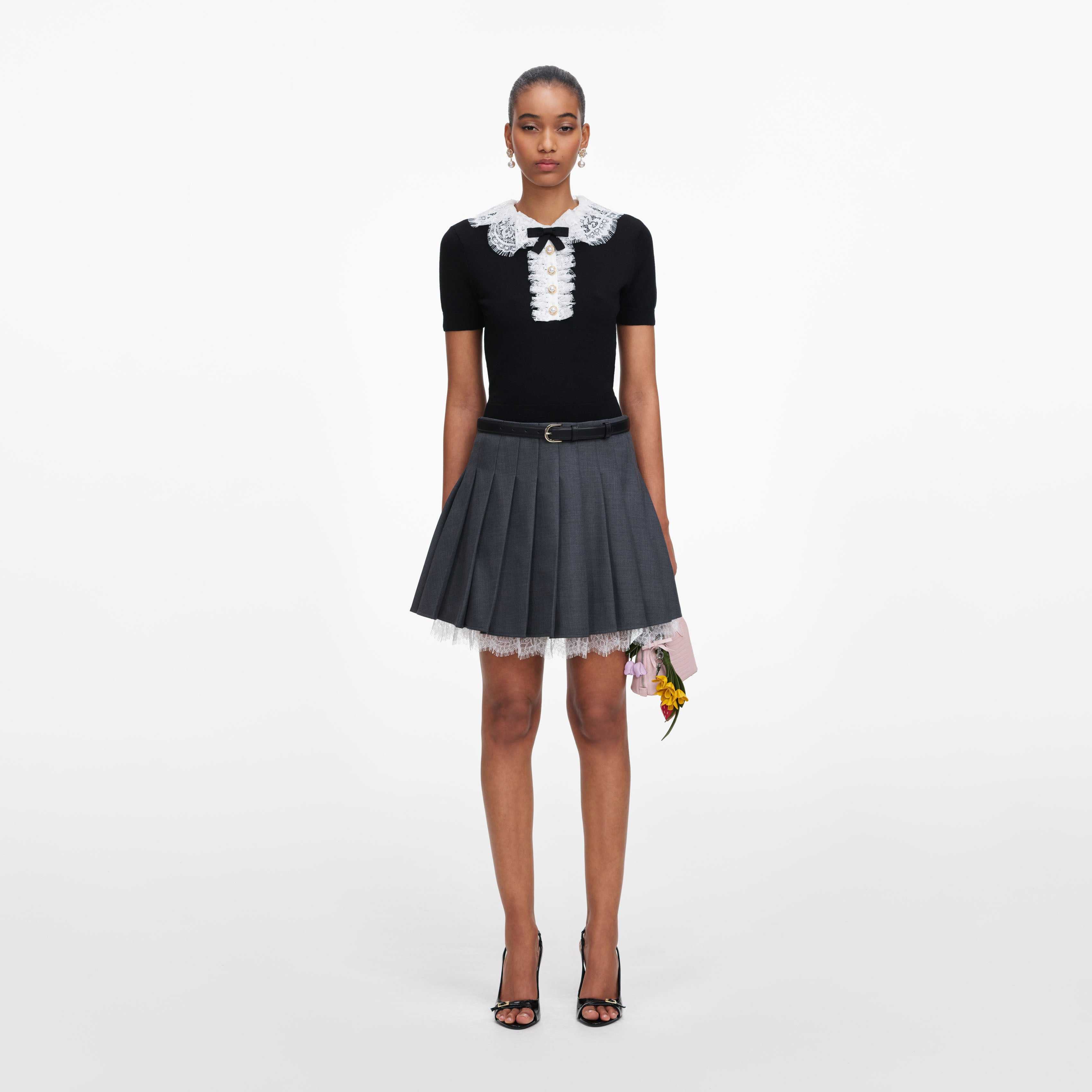 Black Knit Lace Collar Top