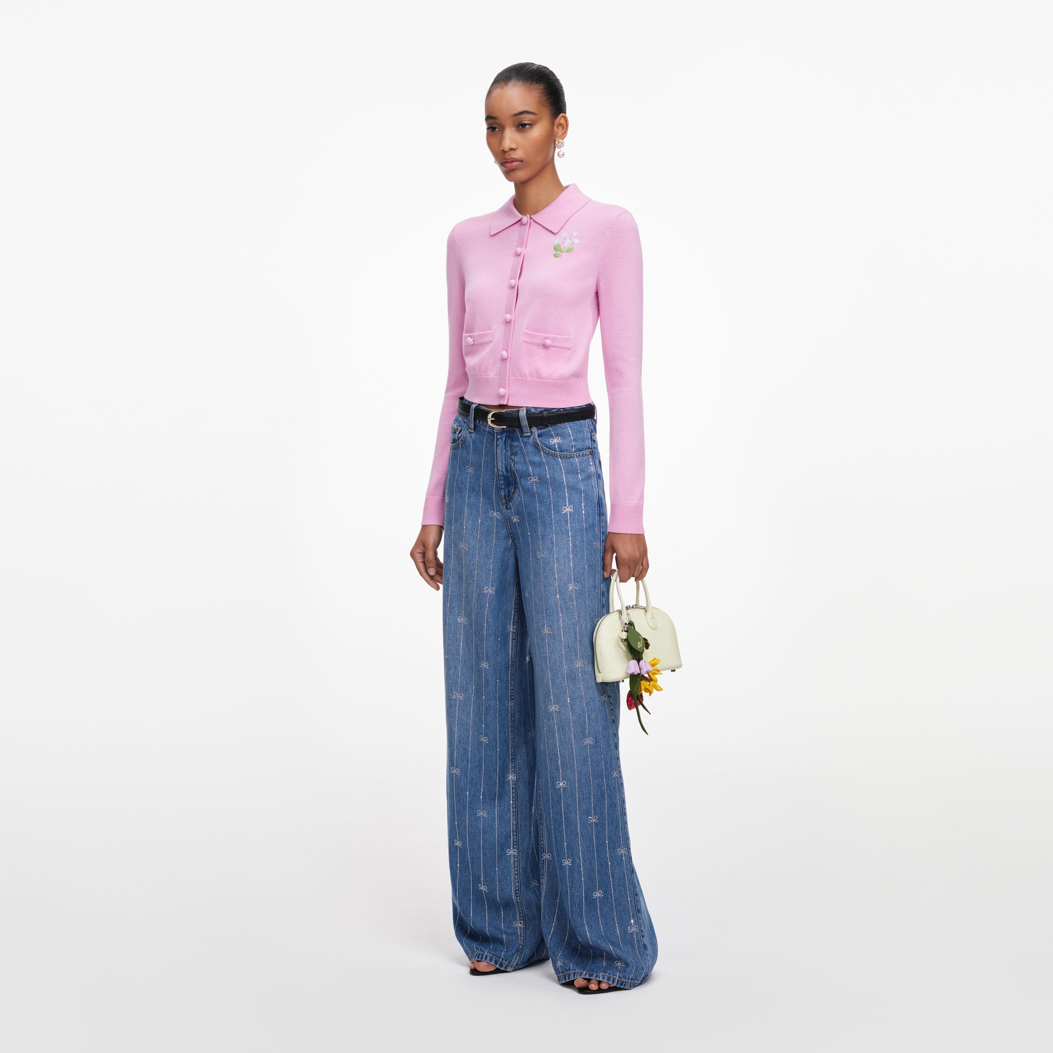 Pink Flower Embroidered Knit Cardigan