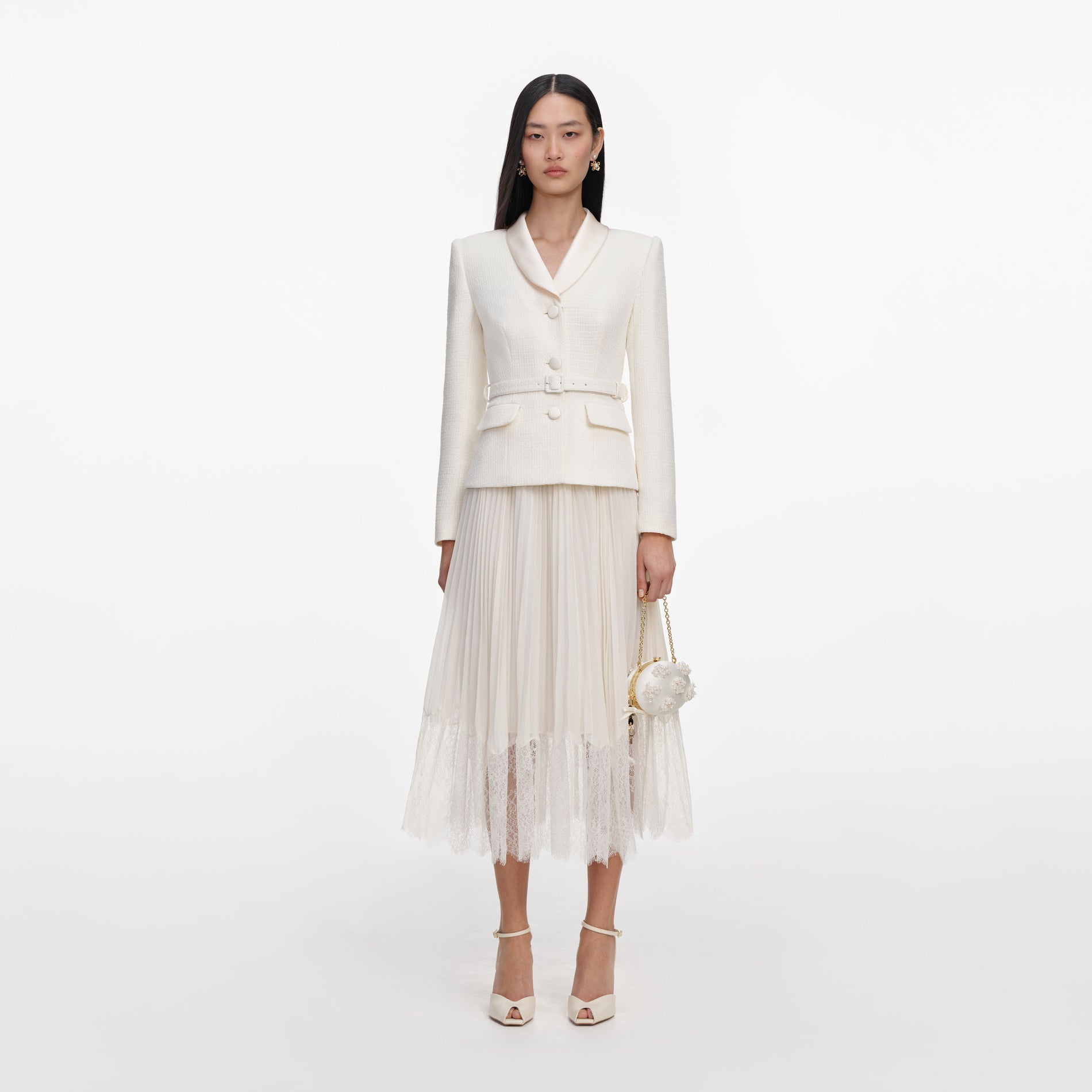 Cream Boucle Shawl Collared Midi Dress