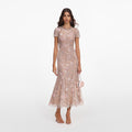 Pink Flower Sequin Embellished Midi Dress