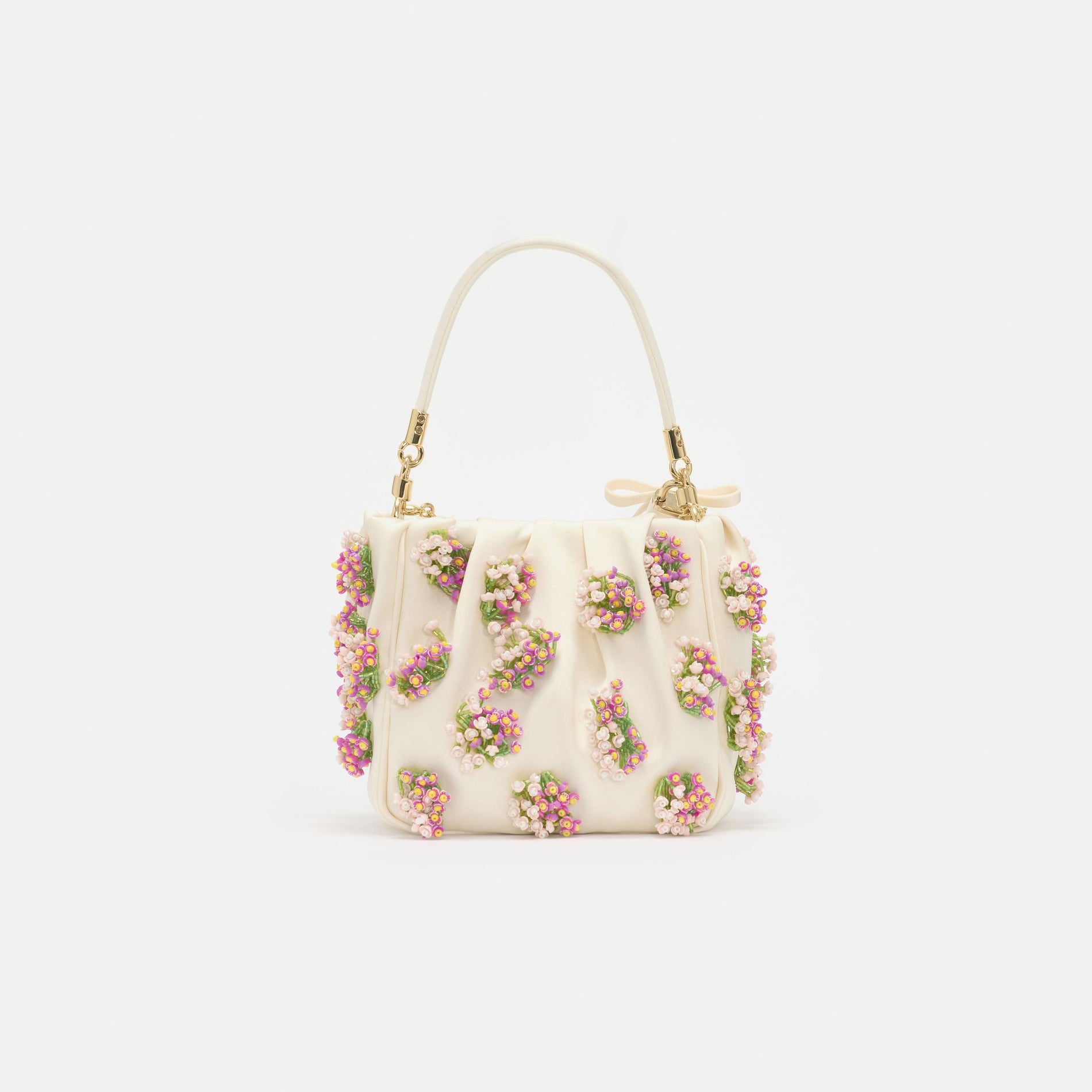 Cream Satin Floral Beaded Tote Bag