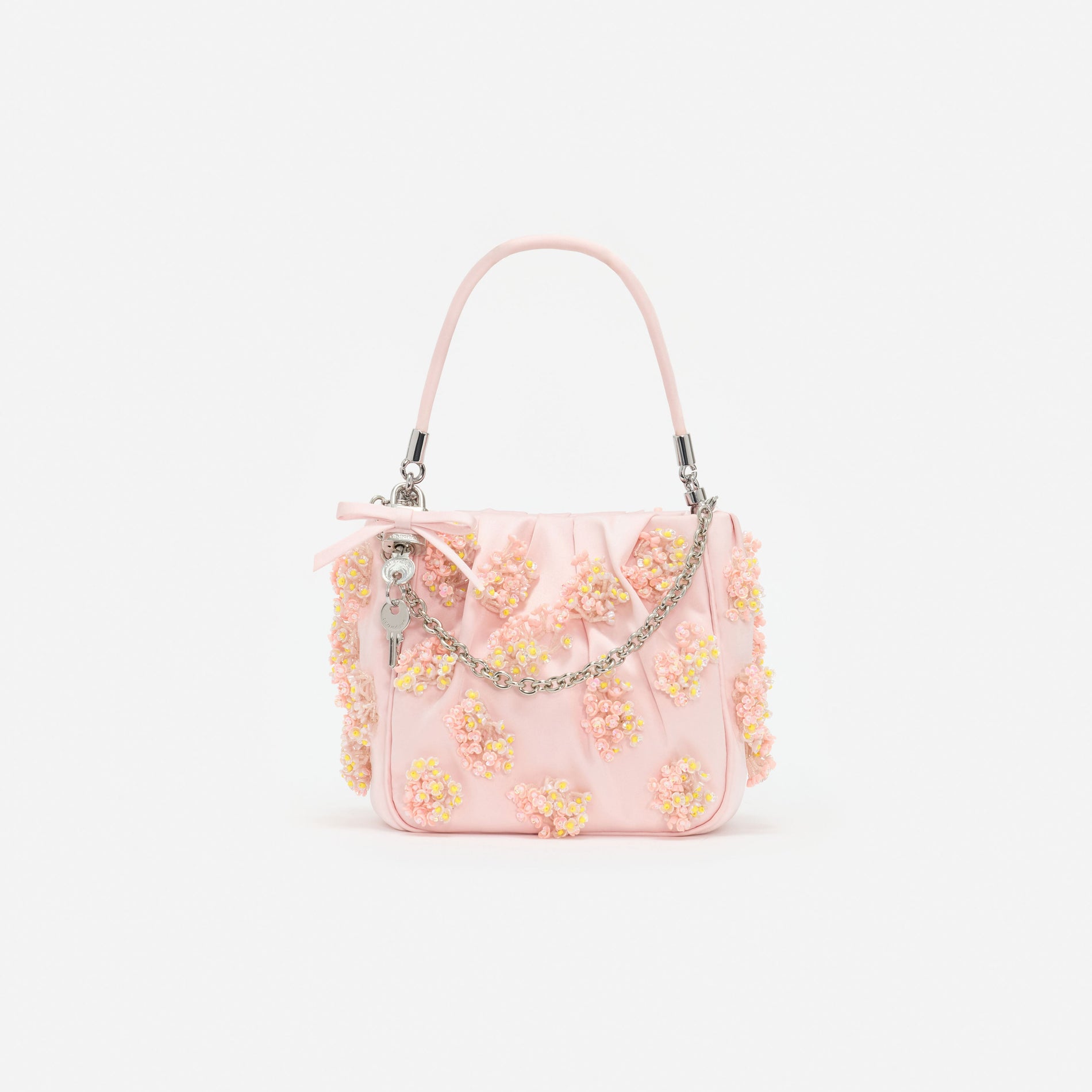 Pink Satin Floral Beaded Tote Bag