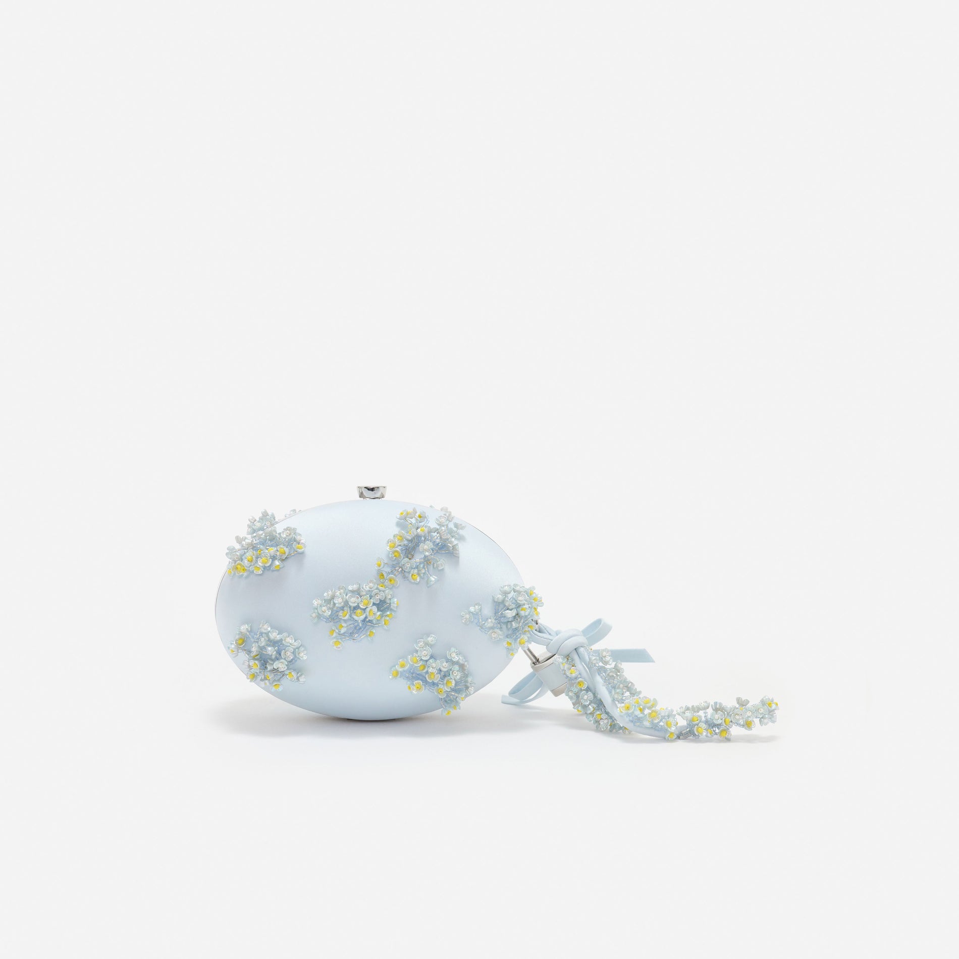 Blue Satin Floral Beaded Oval Clutch