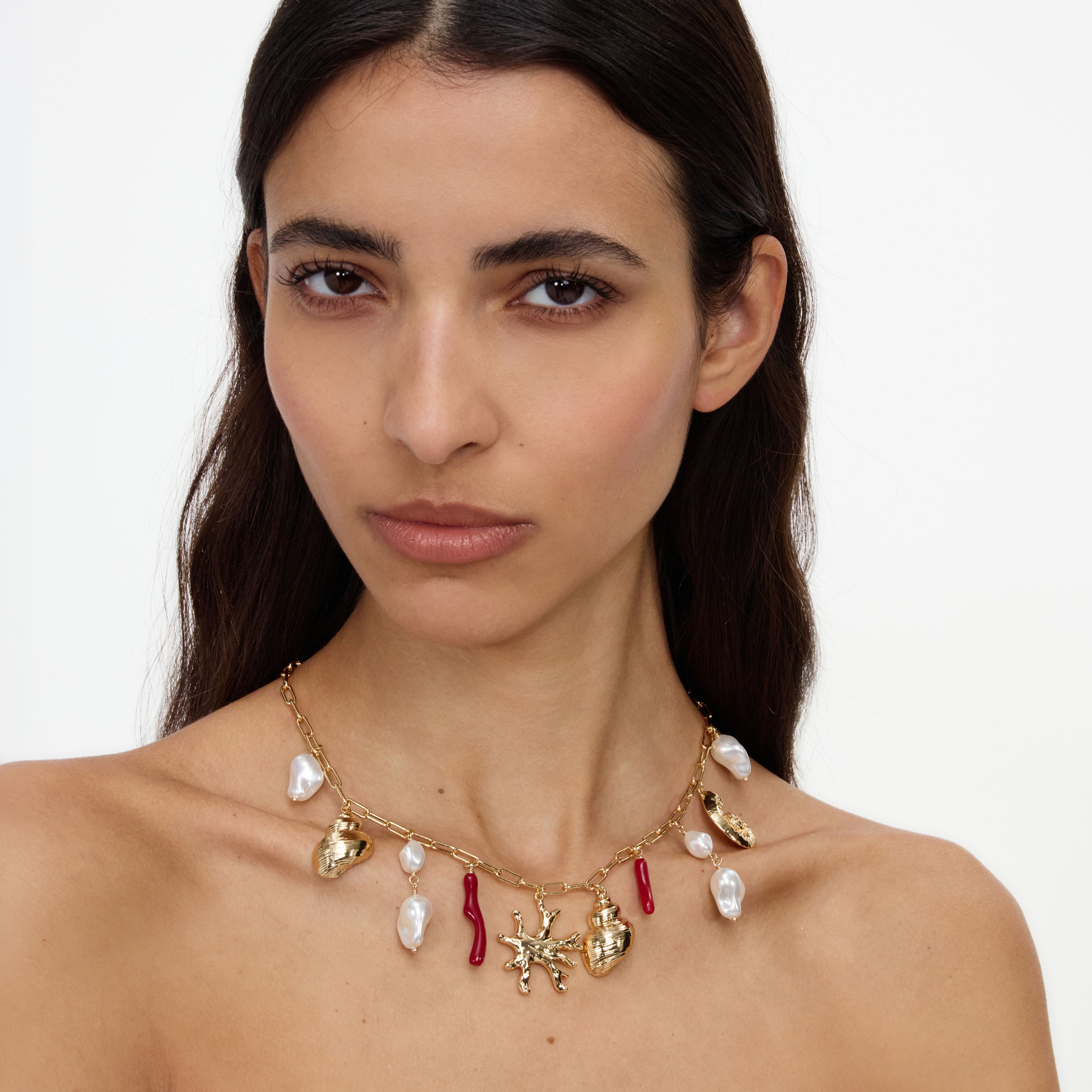 Gold Coral Pearl Charm Necklace