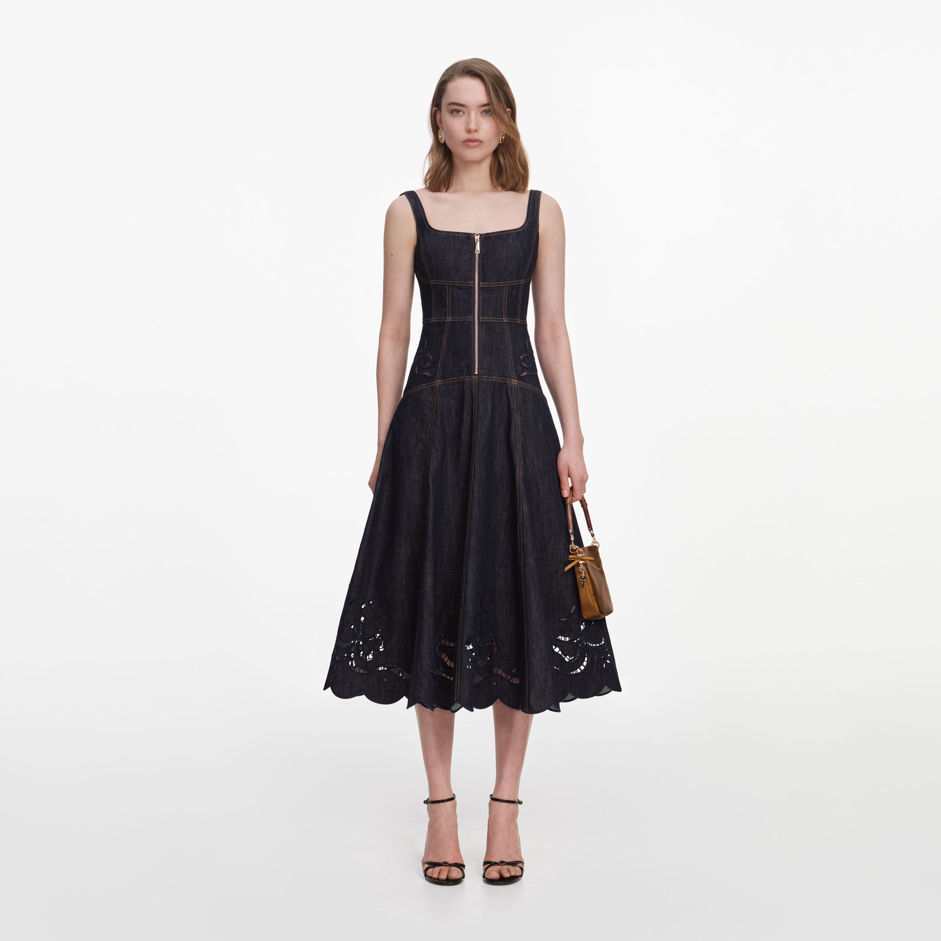 Indigo Denim Bow Embroidered Midi Dress