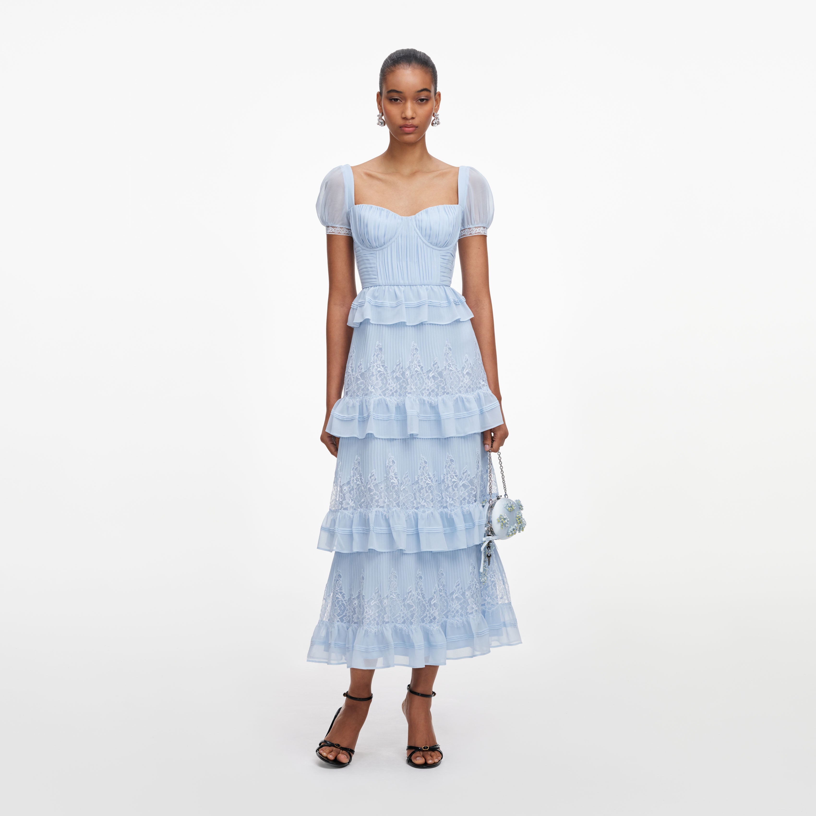Blue Chiffon Short Sleeve Midi Dress