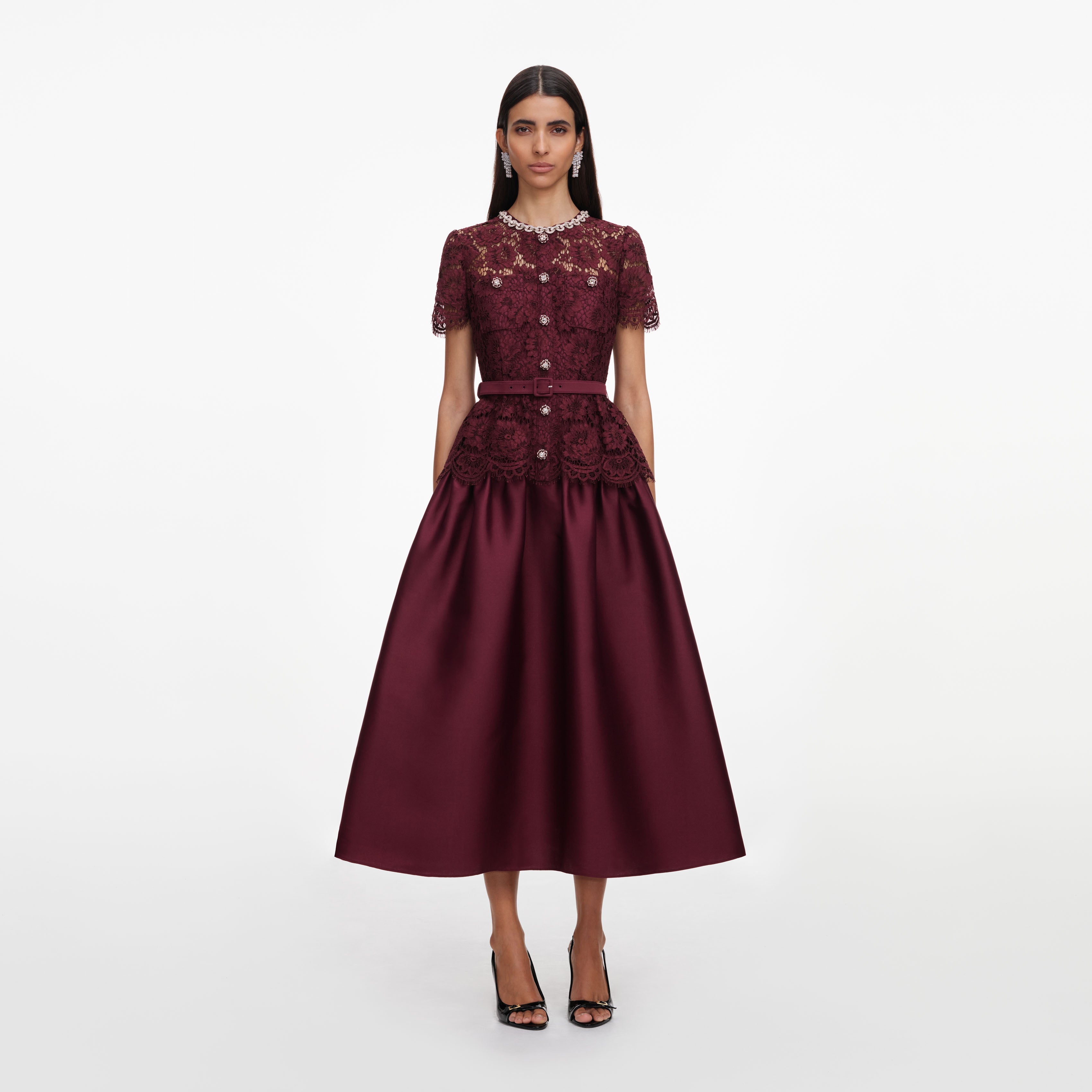 Burgundy Lace Taffeta Midi Dress