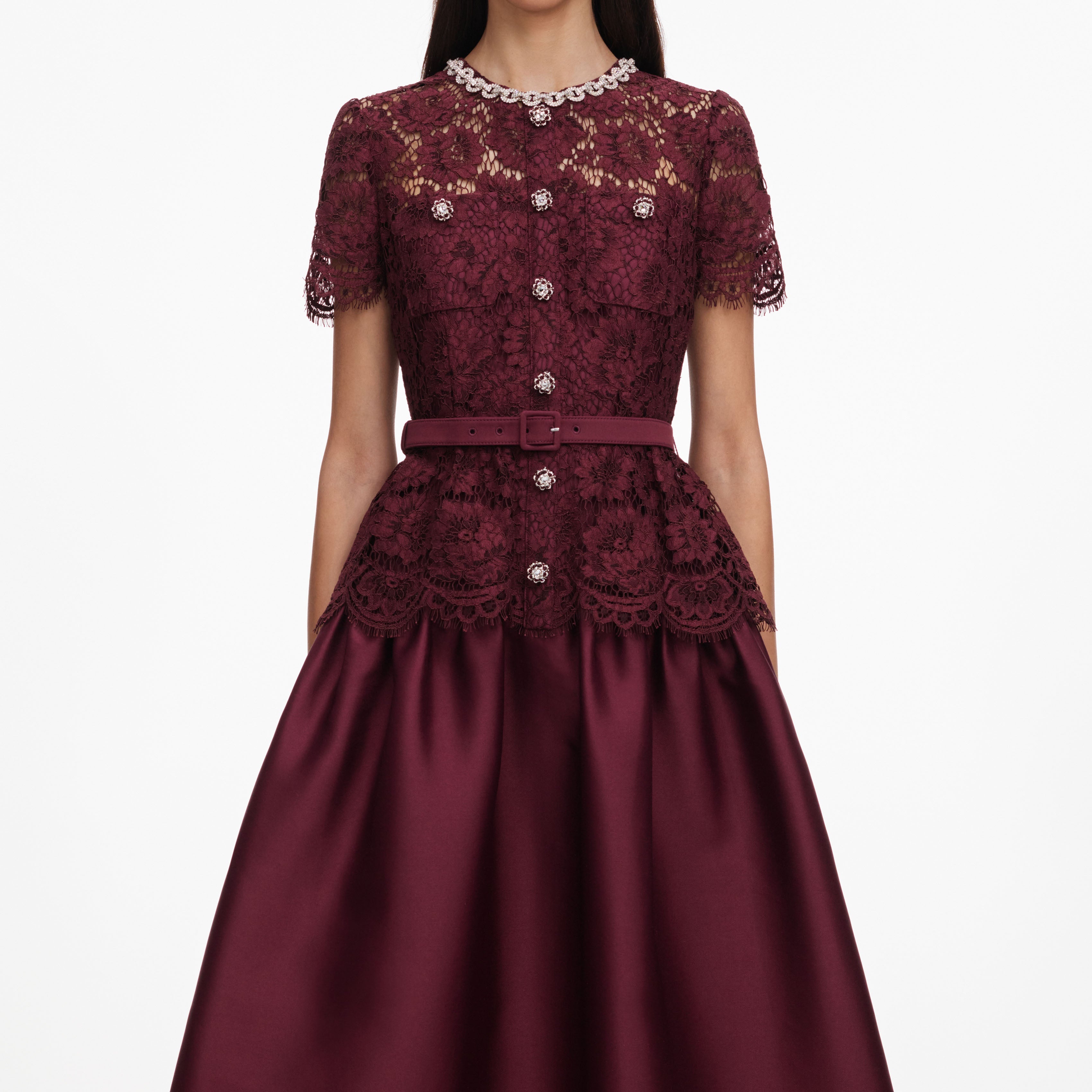 Burgundy Lace Taffeta Midi Dress