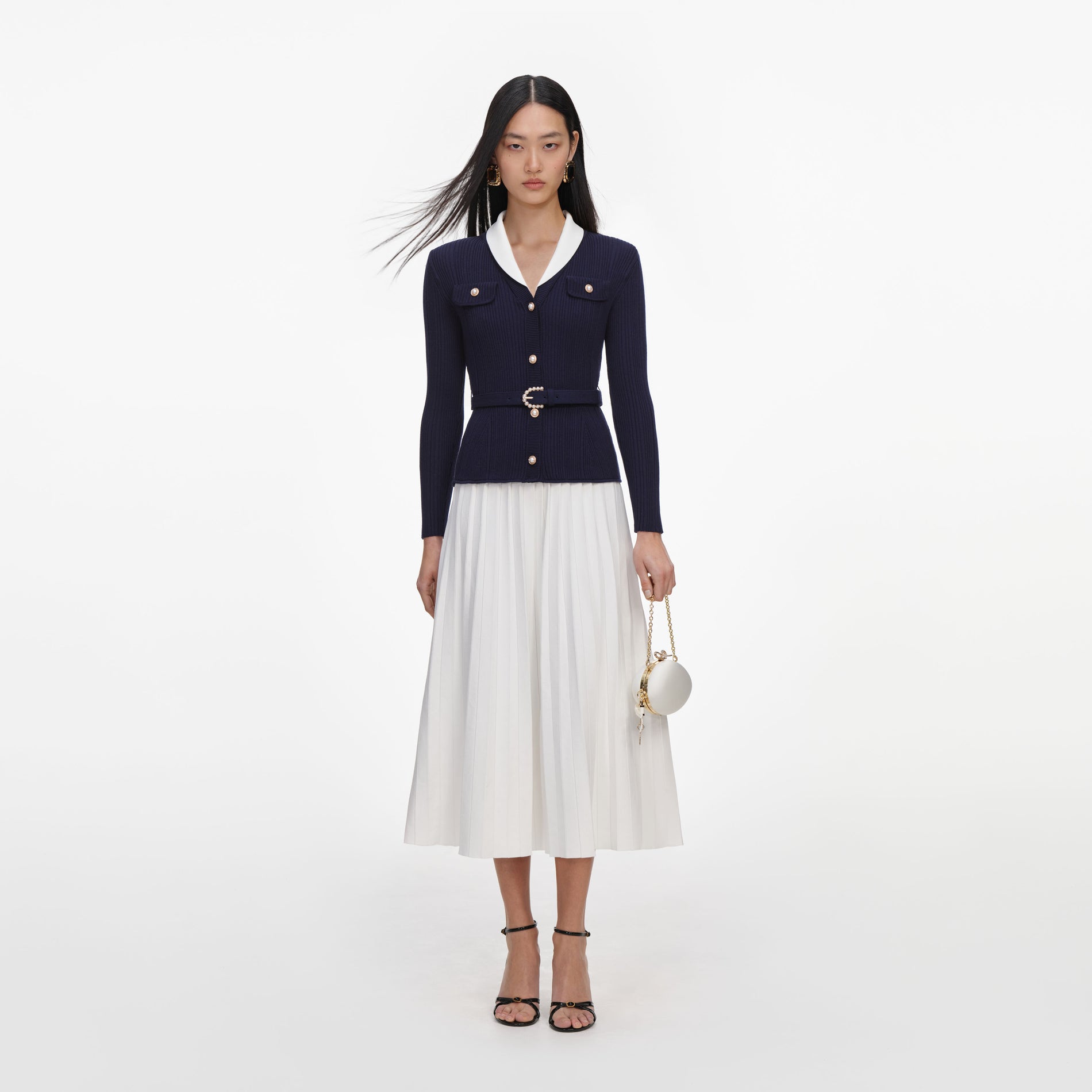 Navy Ribbed Knit Contrast Midi Dress