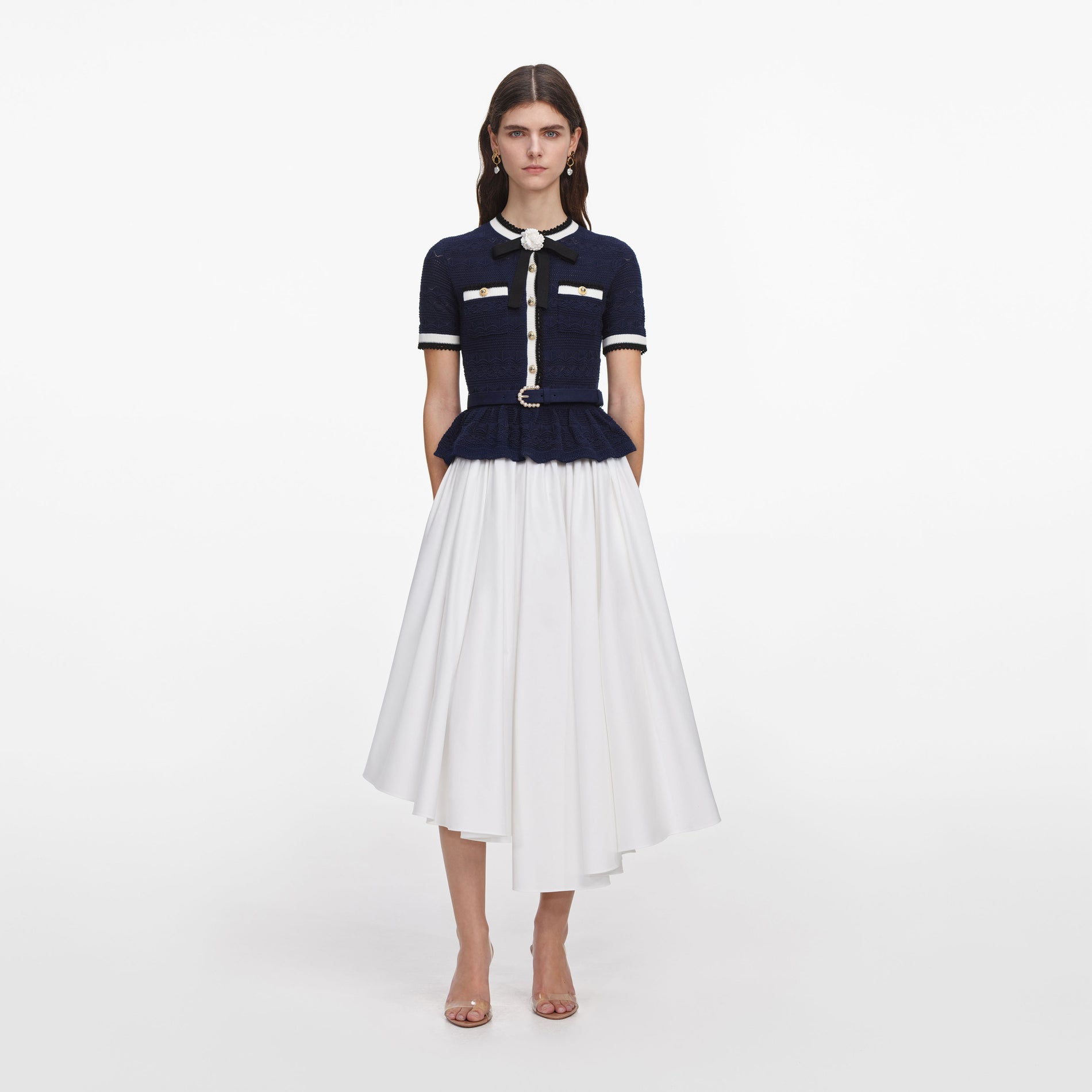 Navy Peplum Pointelle Knit Top