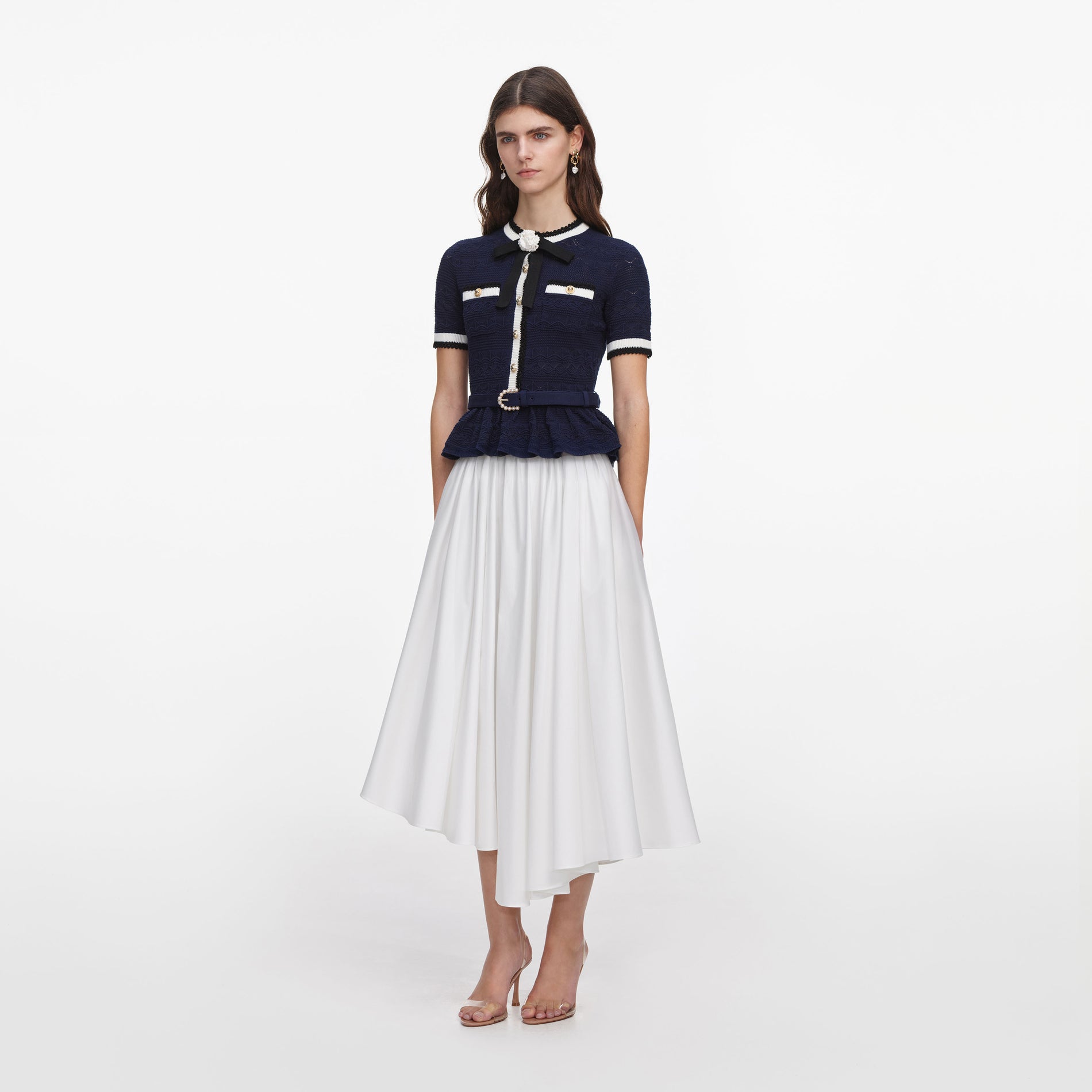 Navy Peplum Pointelle Knit Top