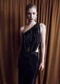 Black Rhinestone One Shoulder Drape Maxi Dress